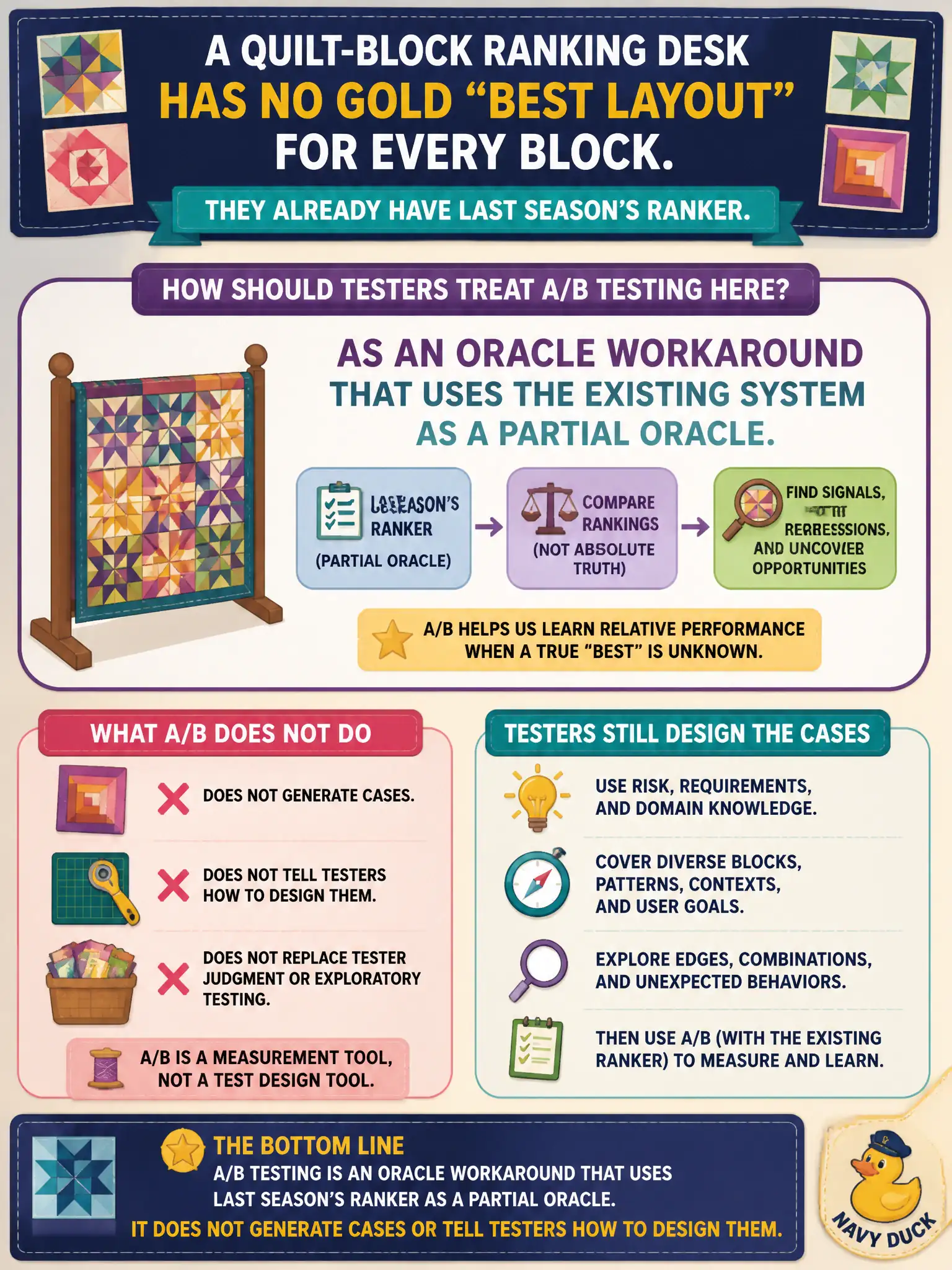 To Create an exciting colorful infographic that explains the concepts in the question: Question: A quilt-block ranking desk has no gold “best layout” for every block. They already have last season’s ranker. How should testers treat A/B testing here? Correct Answer: As an oracle workaround that uses the existing system as a partial oracle. A/B does not generate cases or tell testers how to design them. Put EVERY visible label in double quotes. No people. No A/B/C/D letters. In one of the four corners put a little "Navy Duck".