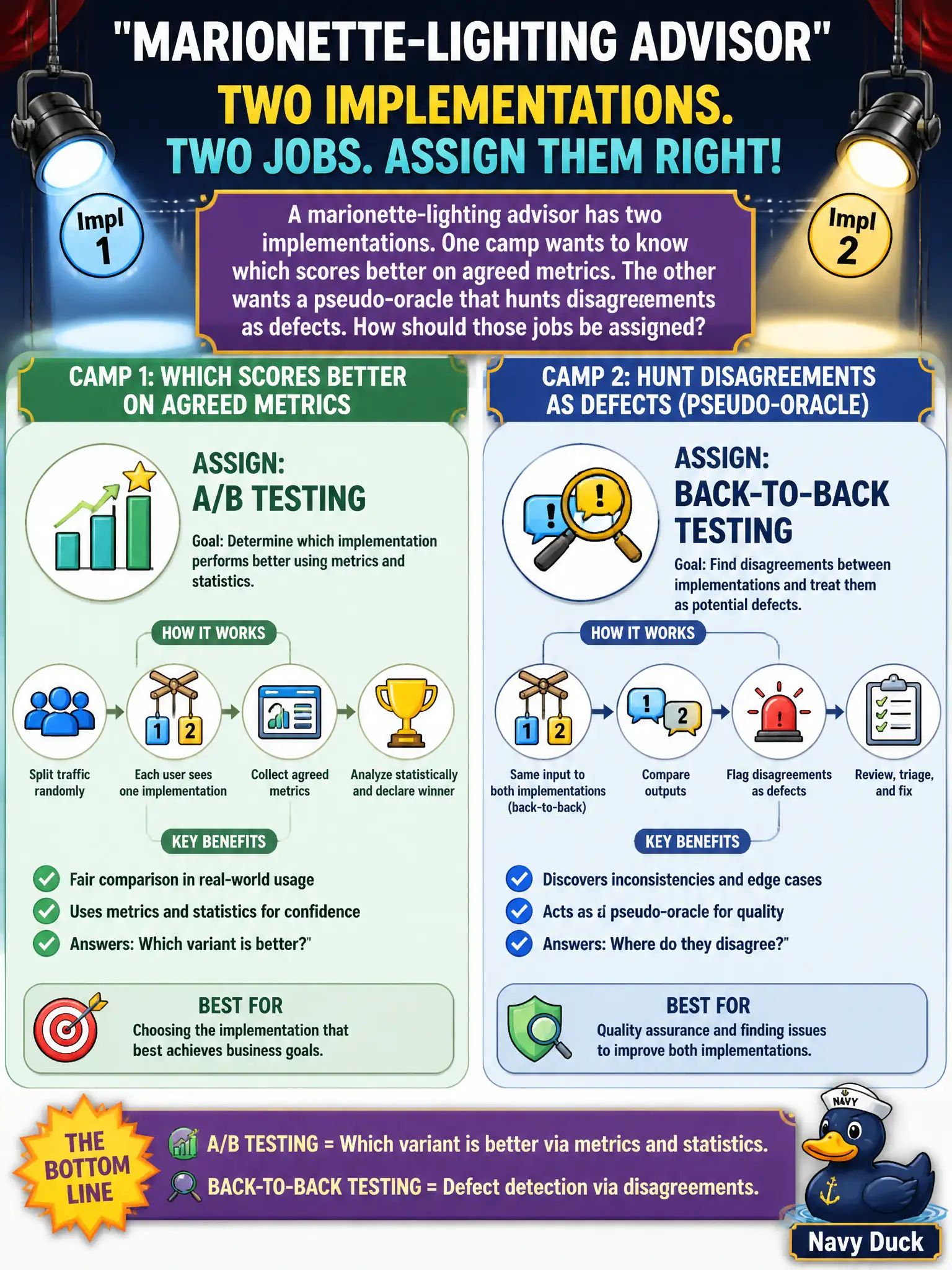 To Create an exciting colorful infographic that explains the concepts in the question: Question: A marionette-lighting advisor has two implementations. One camp wants to know which scores better on agreed metrics. The other wants a pseudo-oracle that hunts disagreements as defects. How should those jobs be assigned? Correct Answer: A/B testing for which variant is better via metrics and statistics. Back-to-back testing for defect detection. Put EVERY visible label in double quotes. No people. No A/B/C/D letters. In one of the four corners put a little "Navy Duck".