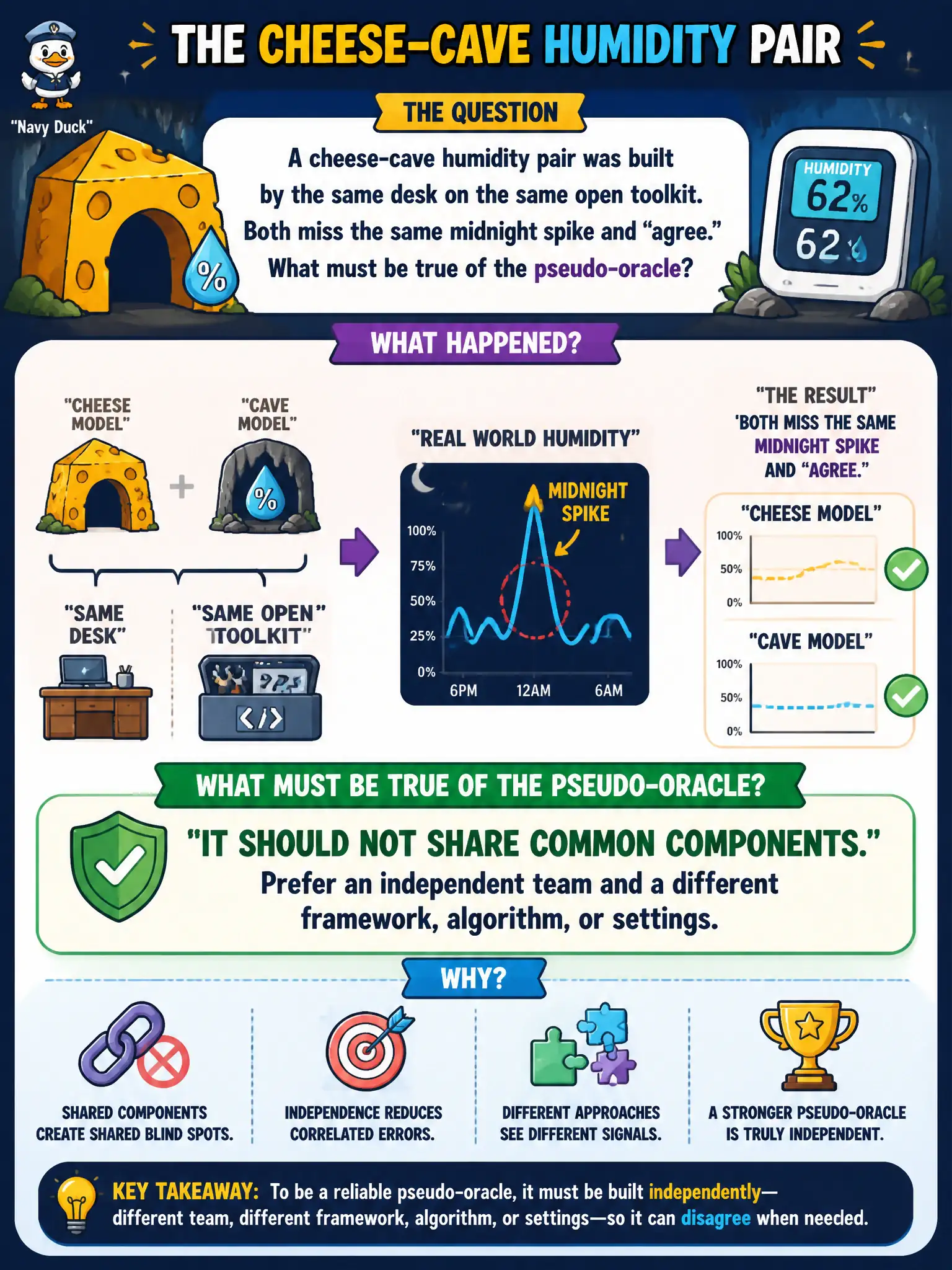 To Create an exciting colorful infographic that explains the concepts in the question: Question: A cheese-cave humidity pair was built by the same desk on the same open toolkit. Both miss the same midnight spike and “agree.” What must be true of the pseudo-oracle? Correct Answer: It should not share common components. Prefer an independent team and a different framework, algorithm, or settings. Put EVERY visible label in double quotes. No people. No A/B/C/D letters. In one of the four corners put a little "Navy Duck".