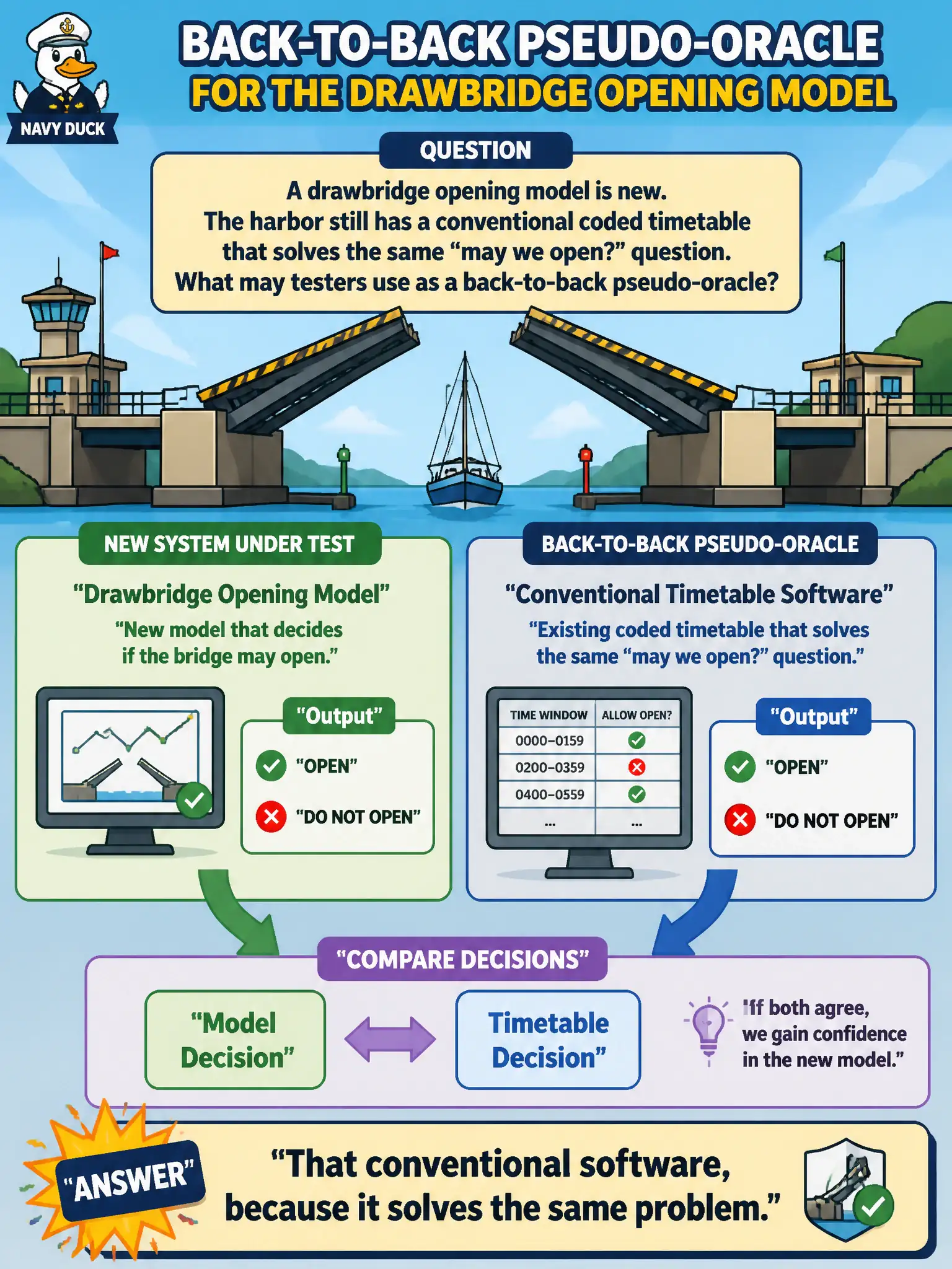 To Create an exciting colorful infographic that explains the concepts in the question: Question: A drawbridge opening model is new. The harbor still has a conventional coded timetable that solves the same “may we open?” question. What may testers use as a back-to-back pseudo-oracle? Correct Answer: That conventional software, because it solves the same problem. Put EVERY visible label in double quotes. No people. No A/B/C/D letters. In one of the four corners put a little "Navy Duck".