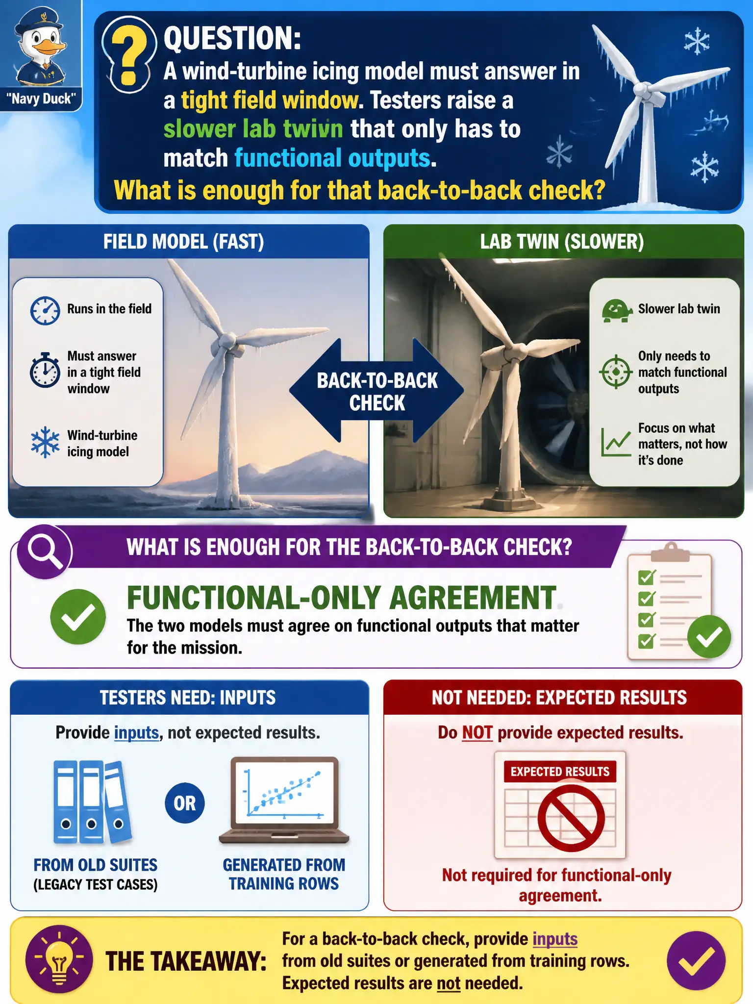 To Create an exciting colorful infographic that explains the concepts in the question: Question: A wind-turbine icing model must answer in a tight field window. Testers raise a slower lab twin that only has to match functional outputs. What is enough for that back-to-back check? Correct Answer: Functional-only agreement. Testers need inputs (from old suites or generated from training rows), not expected results. Put EVERY visible label in double quotes. No people. No A/B/C/D letters. In one of the four corners put a little "Navy Duck".