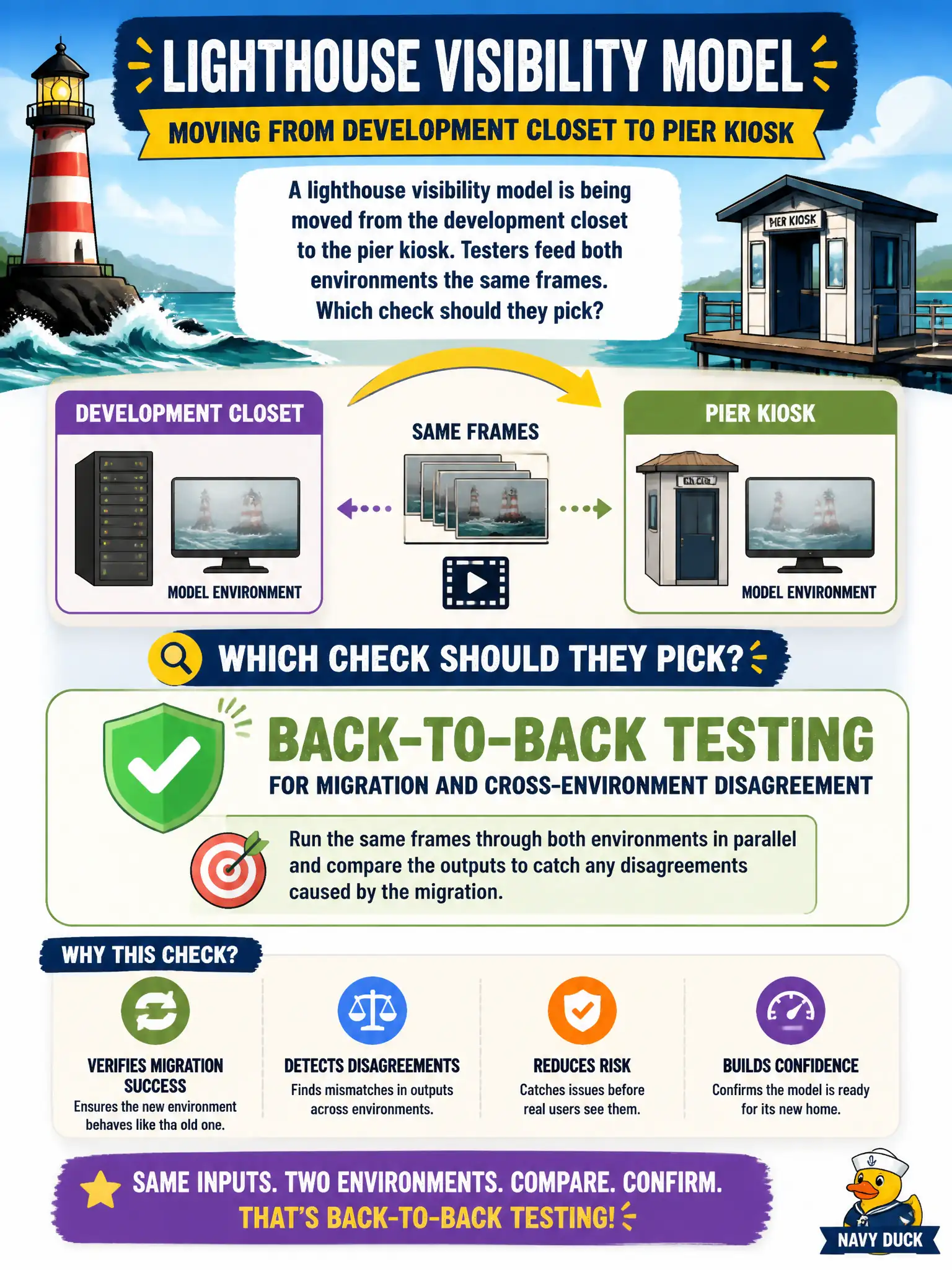 To Create an exciting colorful infographic that explains the concepts in the question: Question: A lighthouse visibility model is being moved from the development closet to the pier kiosk. Testers feed both environments the same frames. Which check should they pick? Correct Answer: Back-to-back testing for migration and cross-environment disagreement. Put EVERY visible label in double quotes. No people. No A/B/C/D letters. In one of the four corners put a little "Navy Duck".