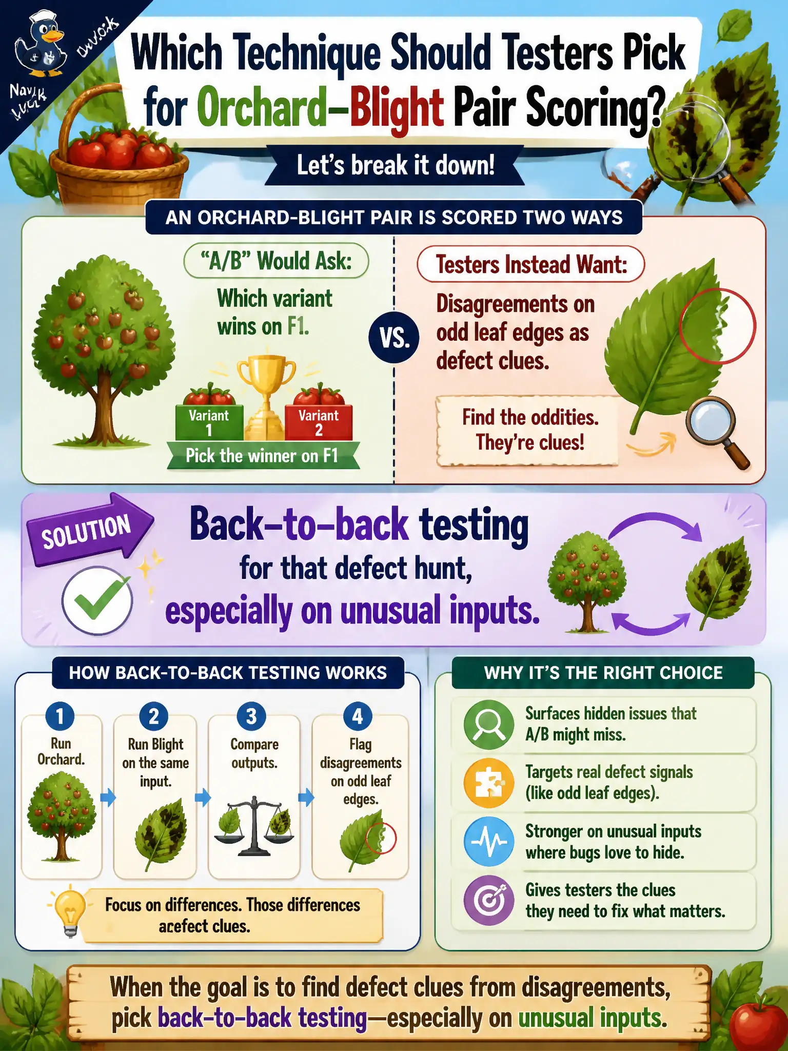 To Create an exciting colorful infographic that explains the concepts in the question: Question: An orchard-blight pair is scored two ways. A/B would ask which variant wins on F1. Testers instead want disagreements on odd leaf edges as defect clues. Which technique should they pick? Correct Answer: Back-to-back testing for that defect hunt, especially on unusual inputs. Put EVERY visible label in double quotes. No people. No A/B/C/D letters. In one of the four corners put a little "Navy Duck".