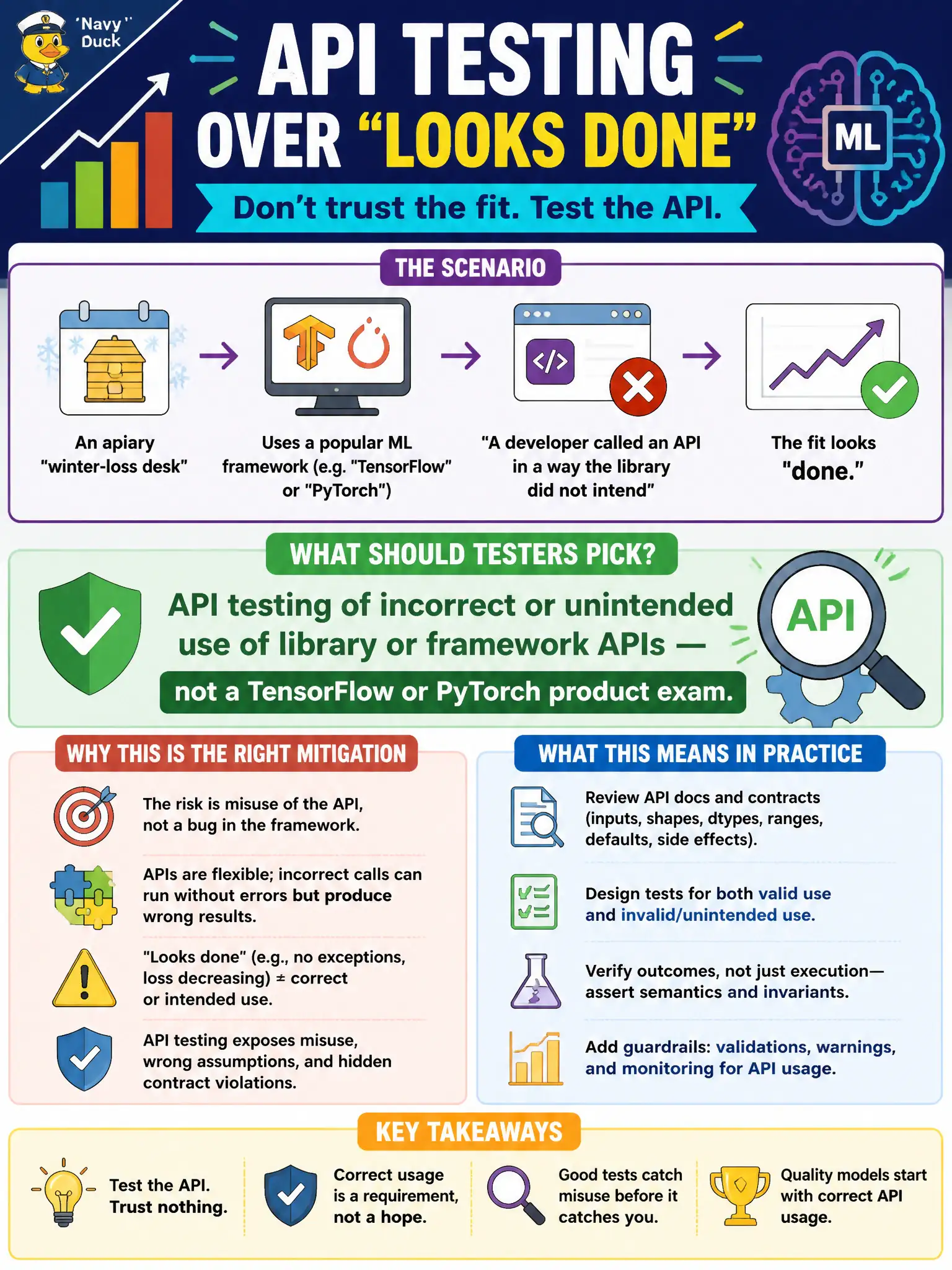 To Create an exciting colorful infographic that explains the concepts in the question: Question: An apiary winter-loss desk uses a popular ML development framework (TensorFlow or PyTorch named only as examples). A developer called an API in a way the library did not intend, and the fit looks “done.” What mitigation should testers pick? Correct Answer: API testing of incorrect or unintended use of library or framework APIs — not a TensorFlow or PyTorch product exam. Put EVERY visible label in double quotes. No people. No A/B/C/D letters. In one of the four corners put a little "Navy Duck".