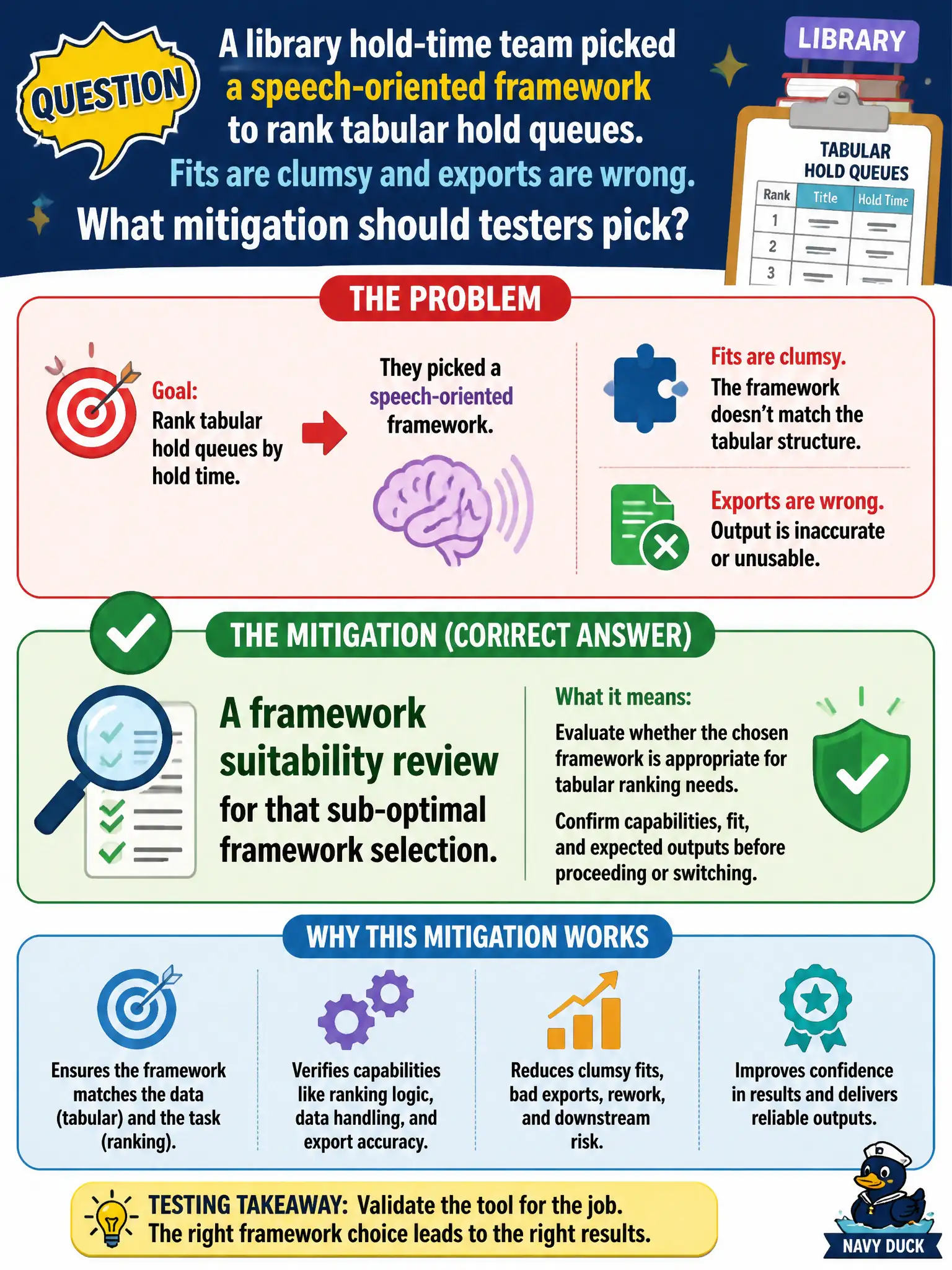 To Create an exciting colorful infographic that explains the concepts in the question: Question: A library hold-time team picked a speech-oriented framework to rank tabular hold queues. Fits are clumsy and exports are wrong. What mitigation should testers pick? Correct Answer: A framework suitability review for that sub-optimal framework selection. Put EVERY visible label in double quotes. No people. No A/B/C/D letters. In one of the four corners put a little "Navy Duck".