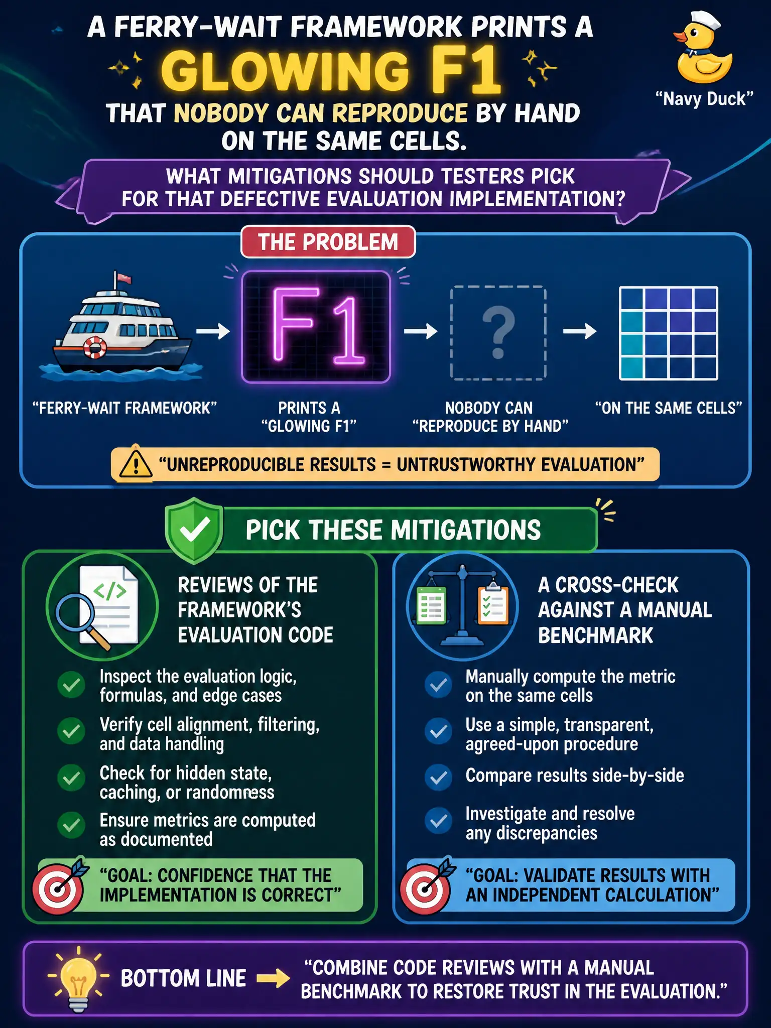 To Create an exciting colorful infographic that explains the concepts in the question: Question: A ferry-wait framework prints a glowing F1 that nobody can reproduce by hand on the same cells. What mitigations should testers pick for that defective evaluation implementation? Correct Answer: Reviews of the framework’s evaluation code and a cross-check against a manual benchmark. Put EVERY visible label in double quotes. No people. No A/B/C/D letters. In one of the four corners put a little "Navy Duck".