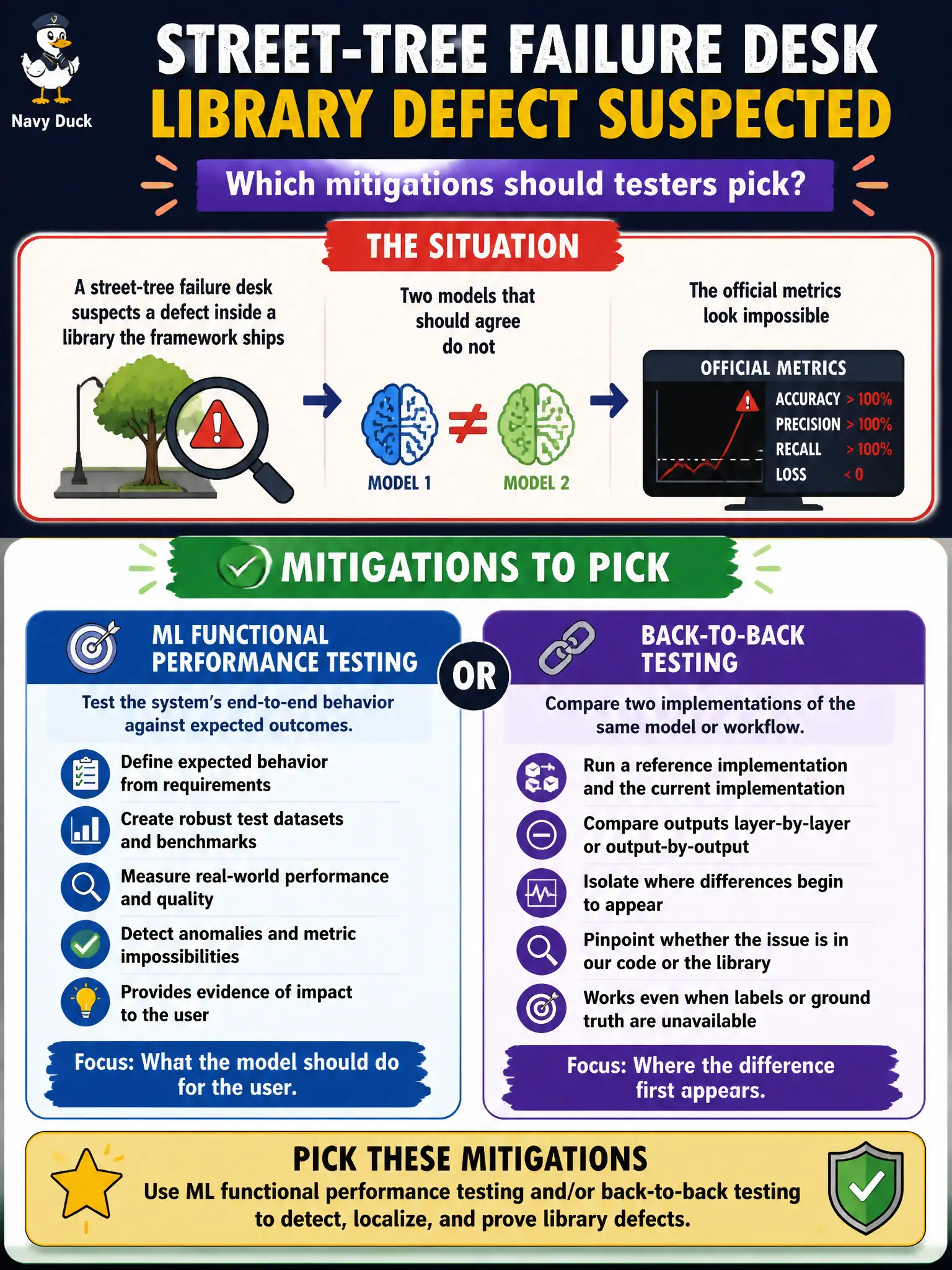 To Create an exciting colorful infographic that explains the concepts in the question: Question: A street-tree failure desk suspects a defect inside a library the framework ships (the syllabus’s example is a defect in PyTorch). Two models that should agree do not, and the official metrics look impossible. Which mitigations should testers pick? Correct Answer: ML functional performance testing and/or back-to-back testing — still not a vendor product exam. Put EVERY visible label in double quotes. No people. No A/B/C/D letters. In one of the four corners put a little "Navy Duck".