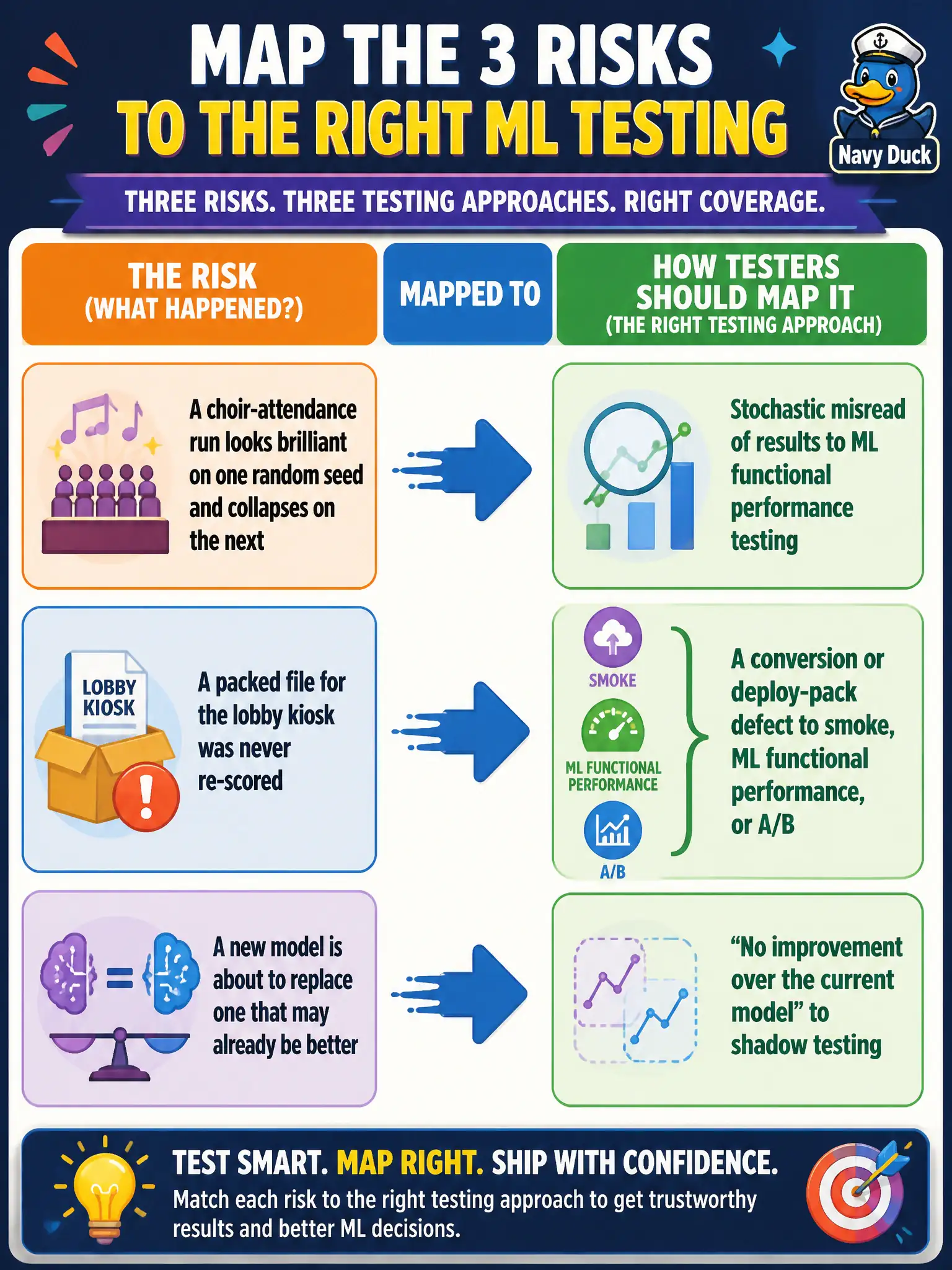 To Create an exciting colorful infographic that explains the concepts in the question: Question: A choir-attendance run looks brilliant on one random seed and collapses on the next; a packed file for the lobby kiosk was never re-scored; a new model is about to replace one that may already be better. How should testers map those three risks? Correct Answer: Stochastic misread of results to ML functional performance testing; a conversion or deploy-pack defect to smoke, ML functional performance, or A/B; and “no improvement over the current model” to shadow testing. Put EVERY visible label in double quotes. No people. No A/B/C/D letters. In one of the four corners put a little "Navy Duck".