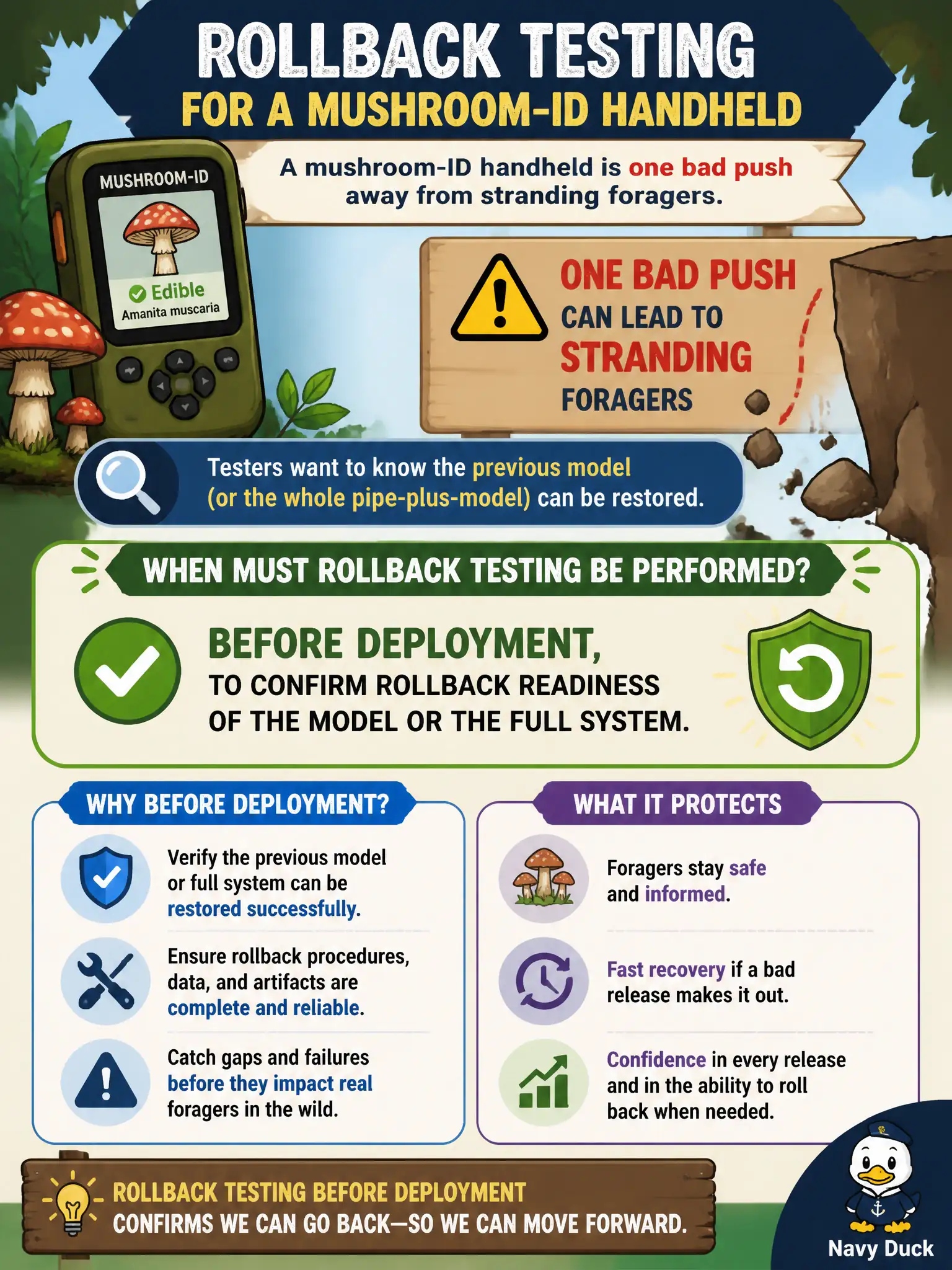 To Create an exciting colorful infographic that explains the concepts in the question: Question: A mushroom-ID handheld is one bad push away from stranding foragers. Testers want to know the previous model (or the whole pipe-plus-model) can be restored. When must rollback testing be performed? Correct Answer: Before deployment, to confirm rollback readiness of the model or the full system. Put EVERY visible label in double quotes. No people. No A/B/C/D letters. In one of the four corners put a little "Navy Duck".