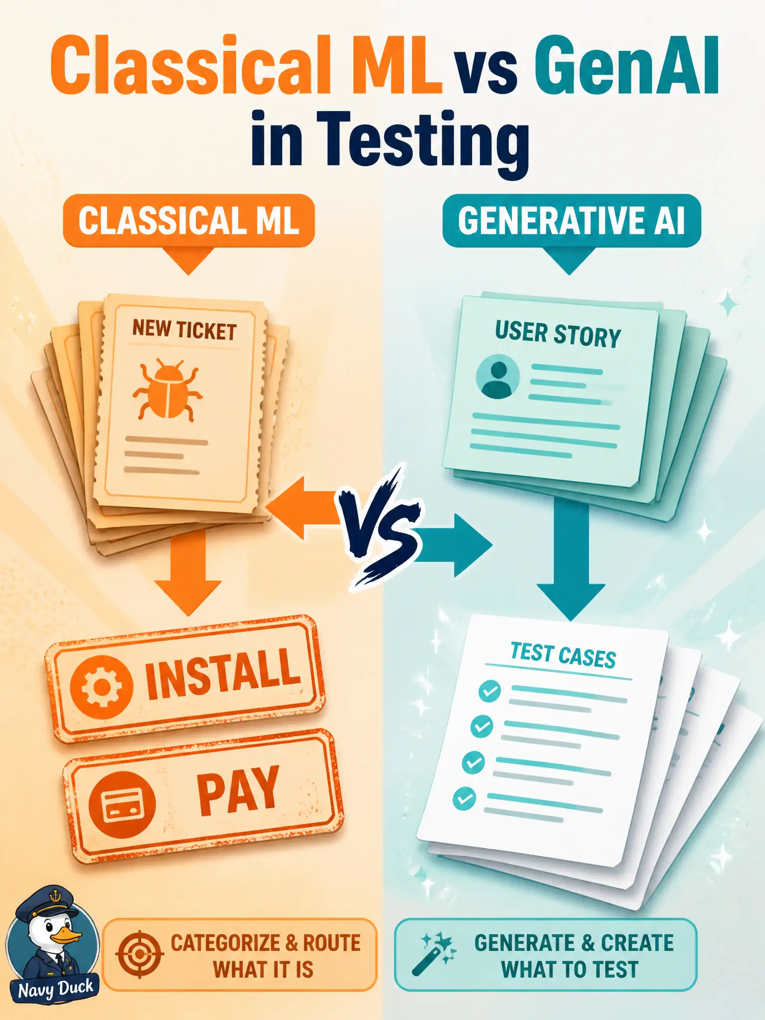 To Create an exciting colorful infographic that explains the concepts in the question: Question: Last year’s defect tickets feed a predictor that only assigns categories such as “install” or “pay.” A second tool drafts new cases from this sprint’s stories. How should a tester classify these two uses? Correct Answer: The predictor is classical ML for categorizing problems; the drafting tool is GenAI Put EVERY visible label in double quotes. No people. No A/B/C/D letters. In one of the four corners put a little "Navy Duck".