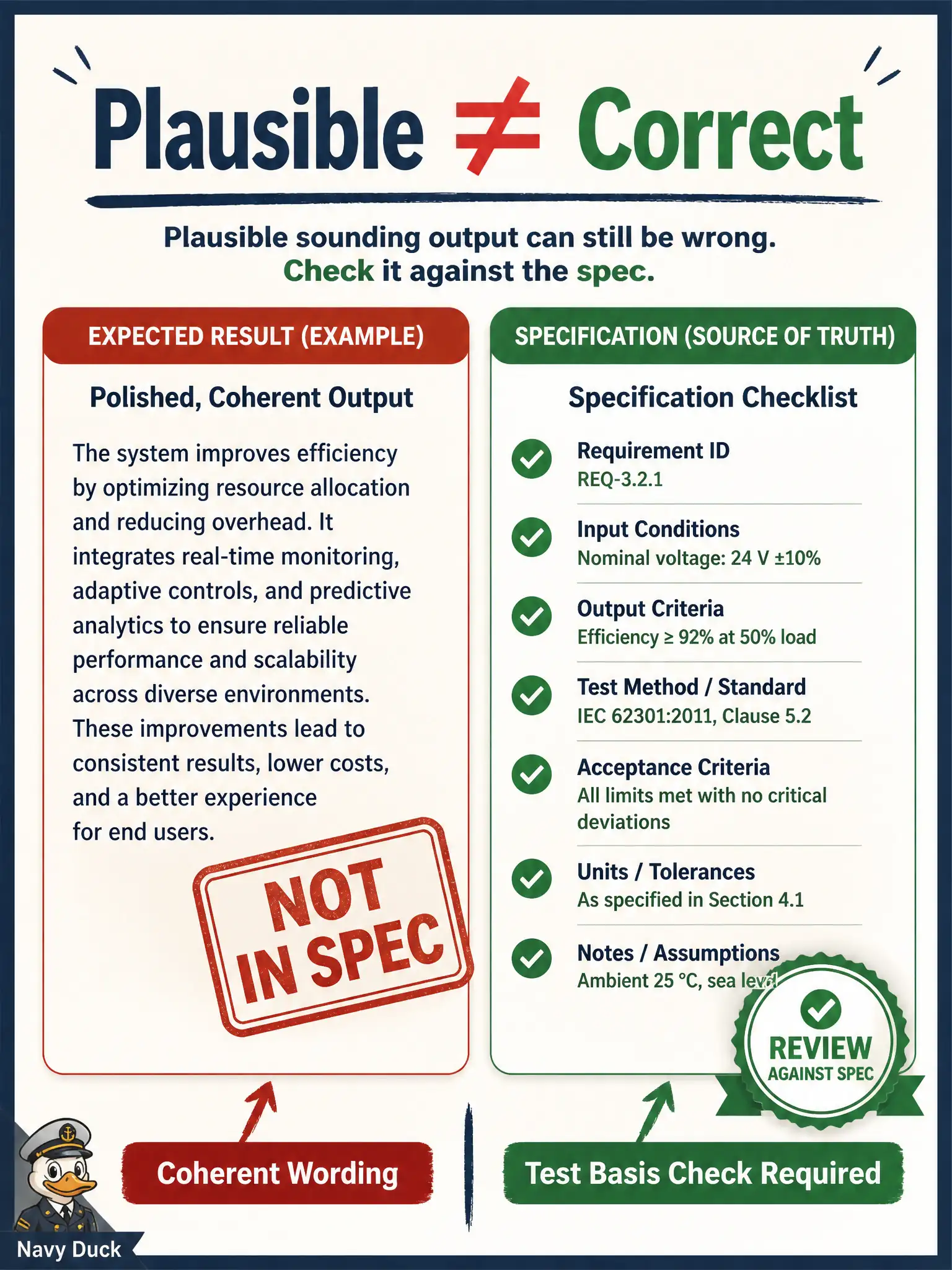 To Create an exciting colorful infographic that explains the concepts in the question: Question: A credit-union mobile-deposit tester accepts a fluent expected-result paragraph that invents a weekend fee the specification never stated. What Chapter 1 limit does this illustrate? Correct Answer: Statistically plausible transformer wording can still be wrong against the test basis, so review remains required Put EVERY visible label in double quotes. No people. No A/B/C/D letters. In one of the four corners put a little "Navy Duck".
