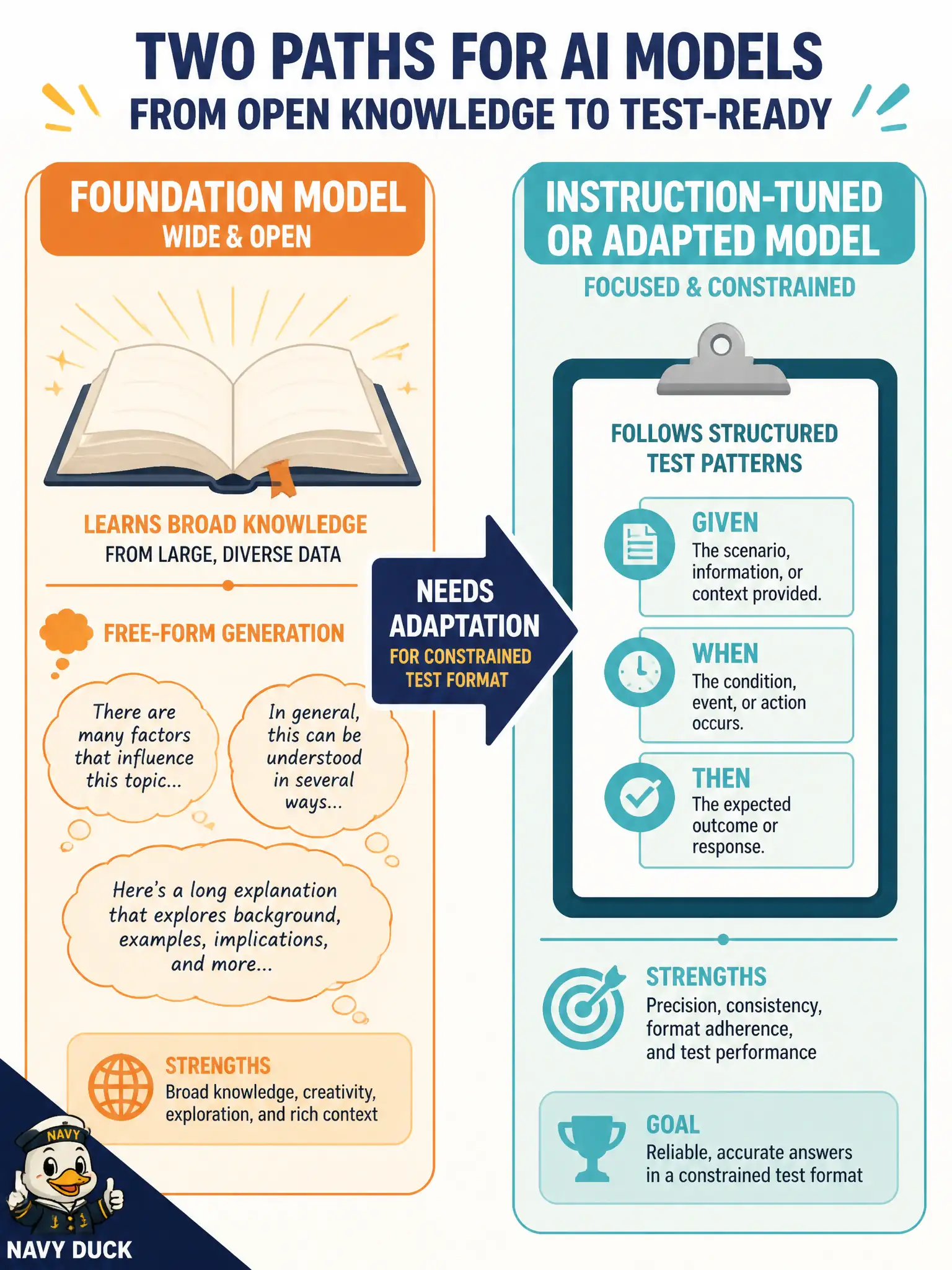 To Create an exciting colorful infographic that explains the concepts in the question: Question: An interlibrary-loan tester pastes raw user stories into a foundation model and receives long essays instead of given-when-then cases. What best explains this outcome for test artefact generation? Correct Answer: Foundation models are flexible but usually need further adaptation or an instruction-tuned wrapper to produce a constrained test format. Put EVERY visible label in double quotes. No people. No A/B/C/D letters. In one of the four corners put a little "Navy Duck".