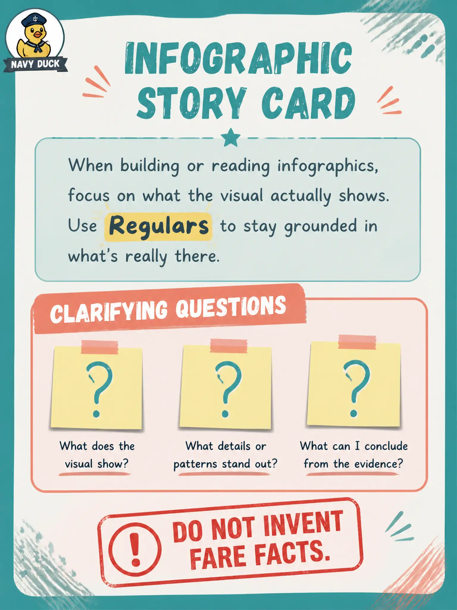 To Create an exciting colorful infographic that explains the concepts in the question: Question: A ferry check-in story says “fast check-in for regulars” but never defines who counts as a “regular.” Which LLM use best matches requirements-analysis support? Correct Answer: Flag the ambiguity and draft clarifying questions about the undefined “regular” rule. Put EVERY visible label in double quotes. No people. No A/B/C/D letters. In one of the four corners put a little "Navy Duck".