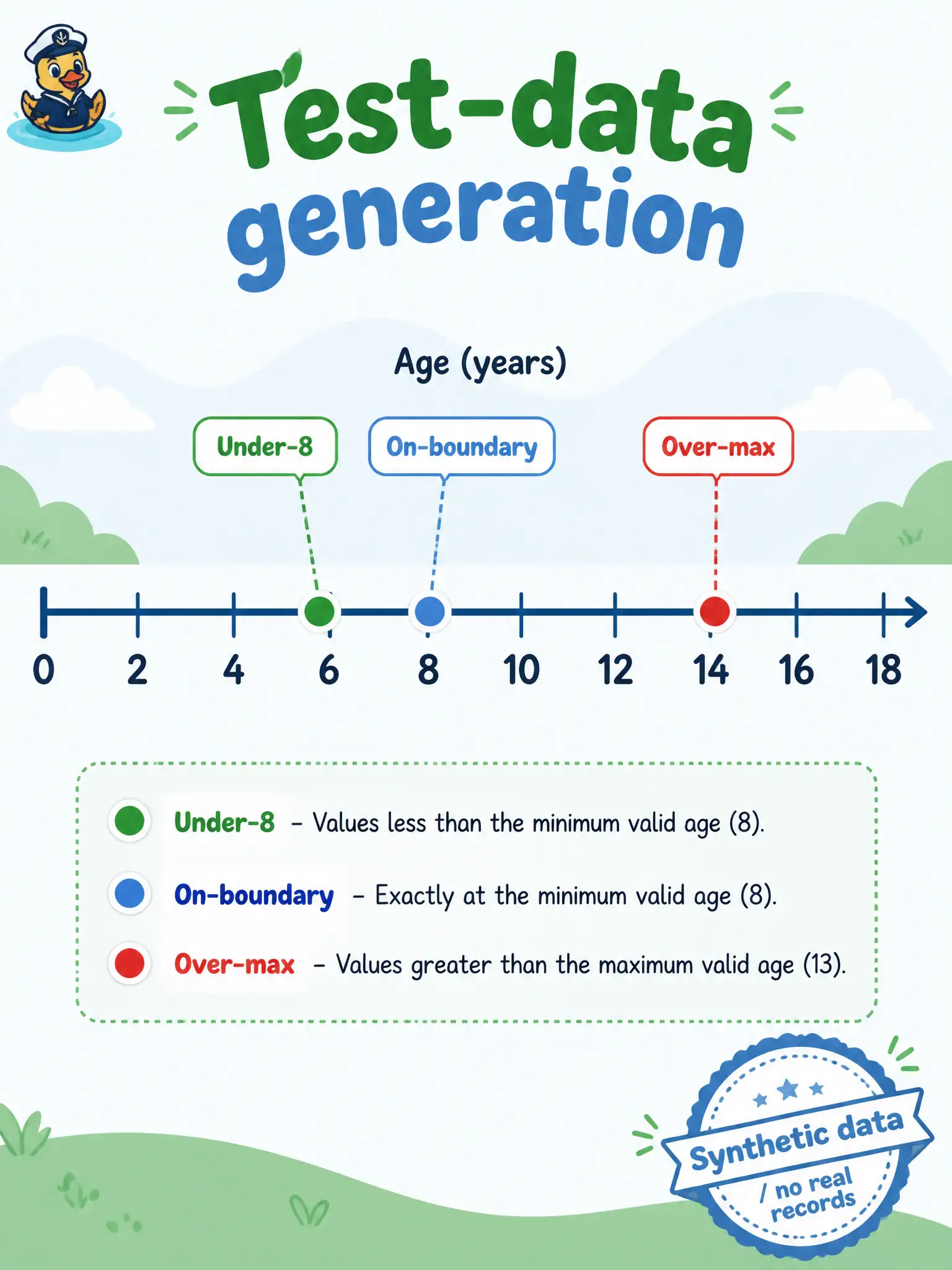 To Create an exciting colorful infographic that explains the concepts in the question: Question: A soccer age-band registration form needs under-8, on-boundary, and over-max birthdates without using real children’s records. Which GenAI testing capability does requesting those values primarily illustrate? Correct Answer: Test-data generation for boundaries and combinations using synthetic values. Put EVERY visible label in double quotes. No people. No A/B/C/D letters. In one of the four corners put a little "Navy Duck".