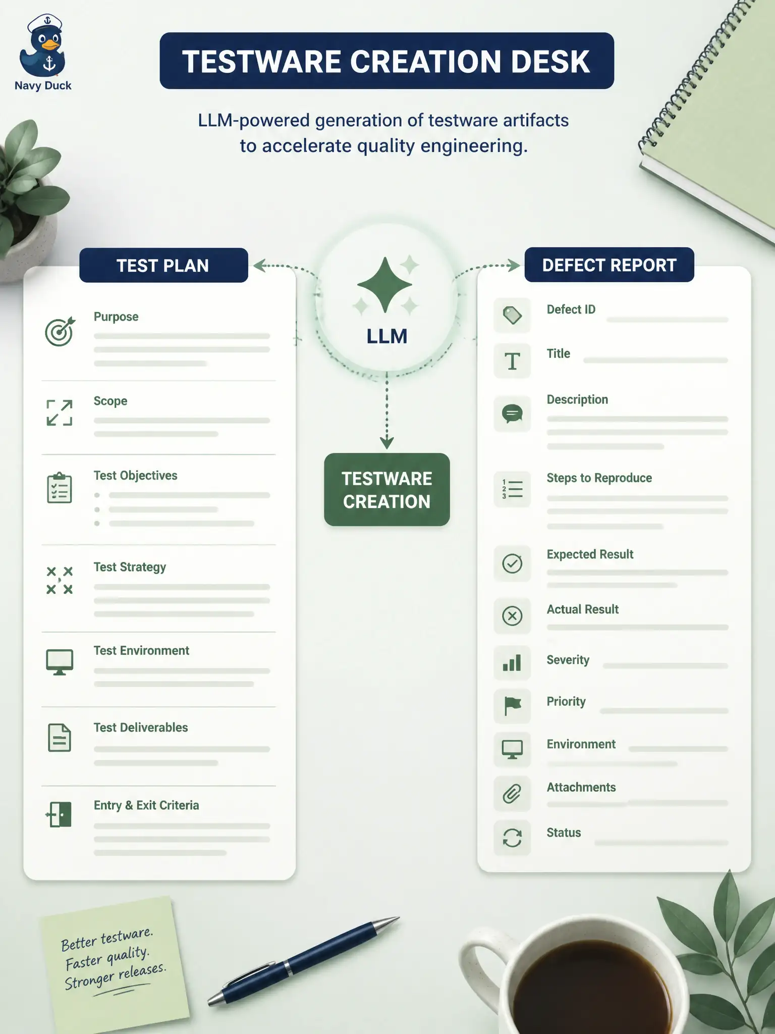 To Create an exciting colorful infographic that explains the concepts in the question: Question: A garden-plot release is slipping, and the tester asks an LLM for an updated test-plan paragraph plus a defect-report skeleton. Which capability is this primarily? Correct Answer: Testware / documentation creation and upkeep such as plans and defect reports. Put EVERY visible label in double quotes. No people. No A/B/C/D letters. In one of the four corners put a little "Navy Duck".