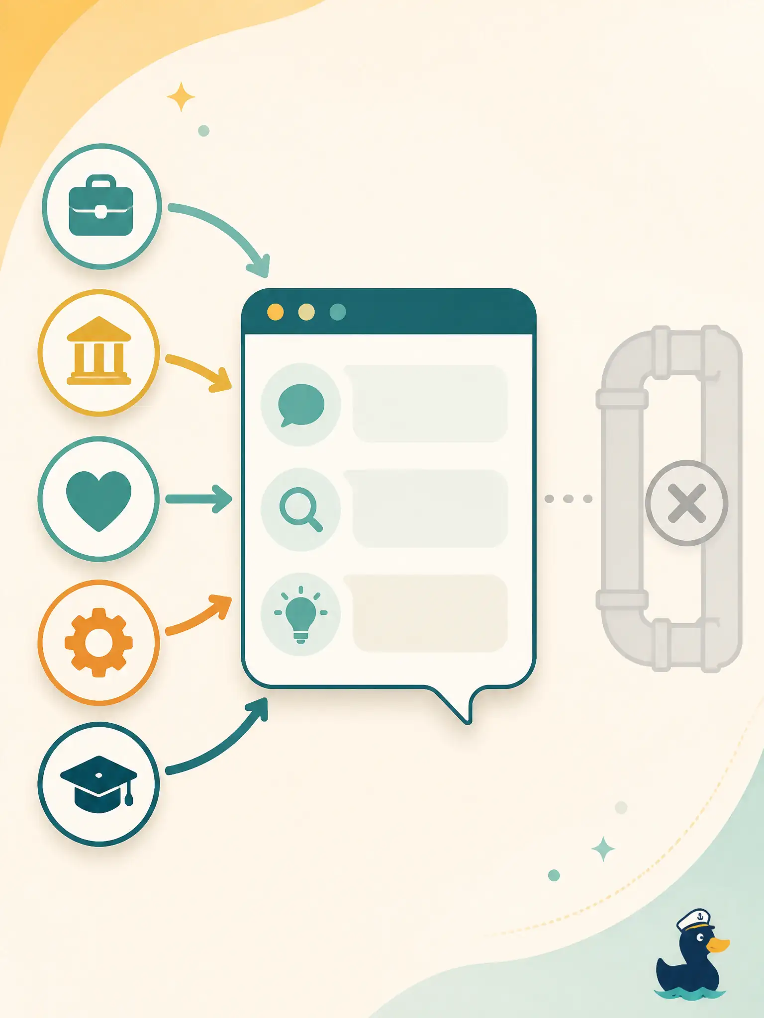 To Create an exciting colorful infographic that explains the concepts in the question: Question: Stakeholders who do not write scripts want to explore a lane-booking story in plain language for quick clarification. Which GenAI interaction choice fits best? Correct Answer: A chatbot for fast clarification, exploration, and wider non-technical access. Put EVERY visible label in double quotes. No people. No A/B/C/D letters. In one of the four corners put a little "Navy Duck".