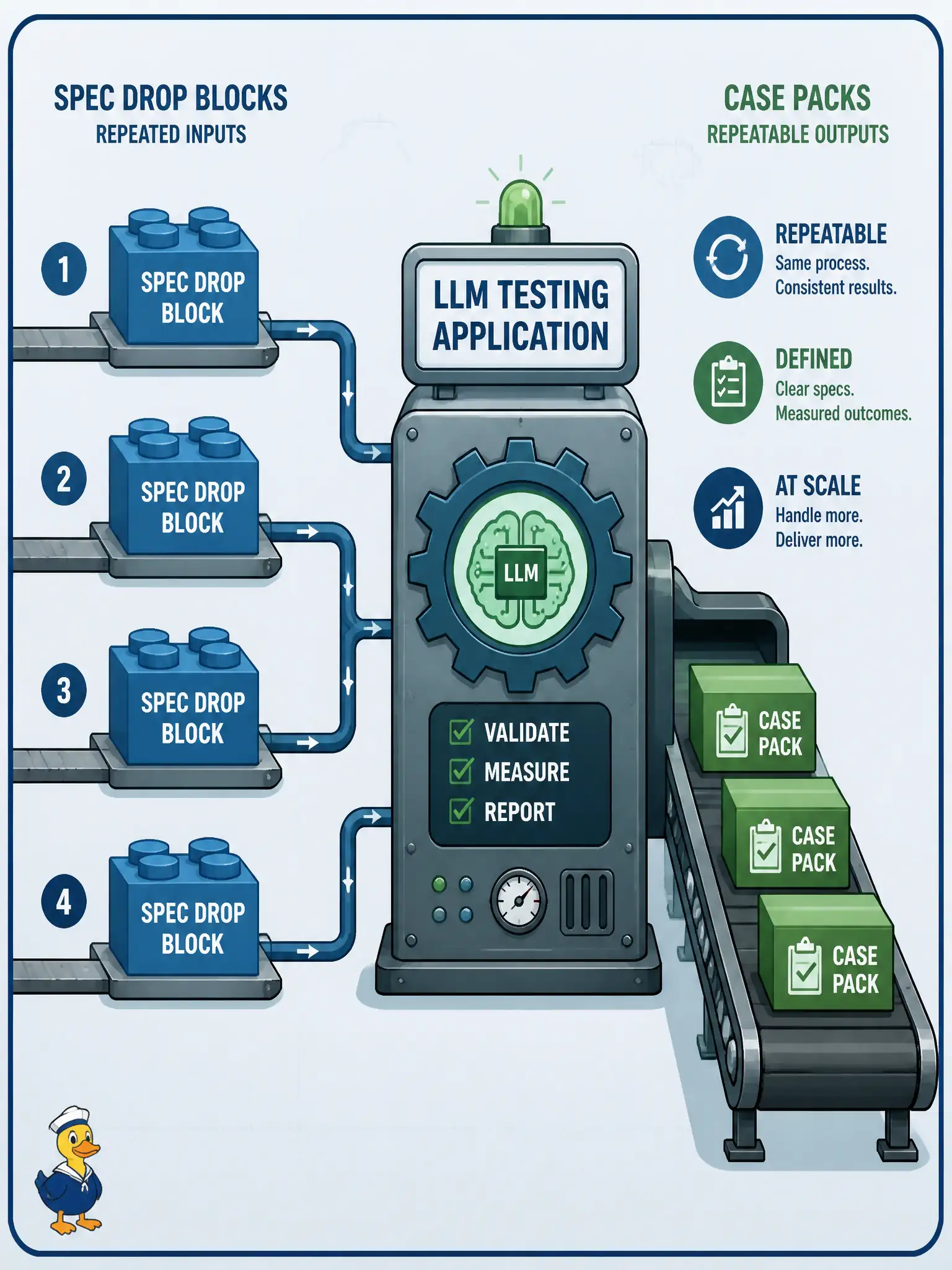 To Create an exciting colorful infographic that explains the concepts in the question: Question: A bike-share program needs the same case-generation job after every API specification drop. Which interaction model should the team prefer for that repetitive, well-defined work? Correct Answer: An LLM-powered testing application integrated for repeatable case generation at scale. Put EVERY visible label in double quotes. No people. No A/B/C/D letters. In one of the four corners put a little "Navy Duck".