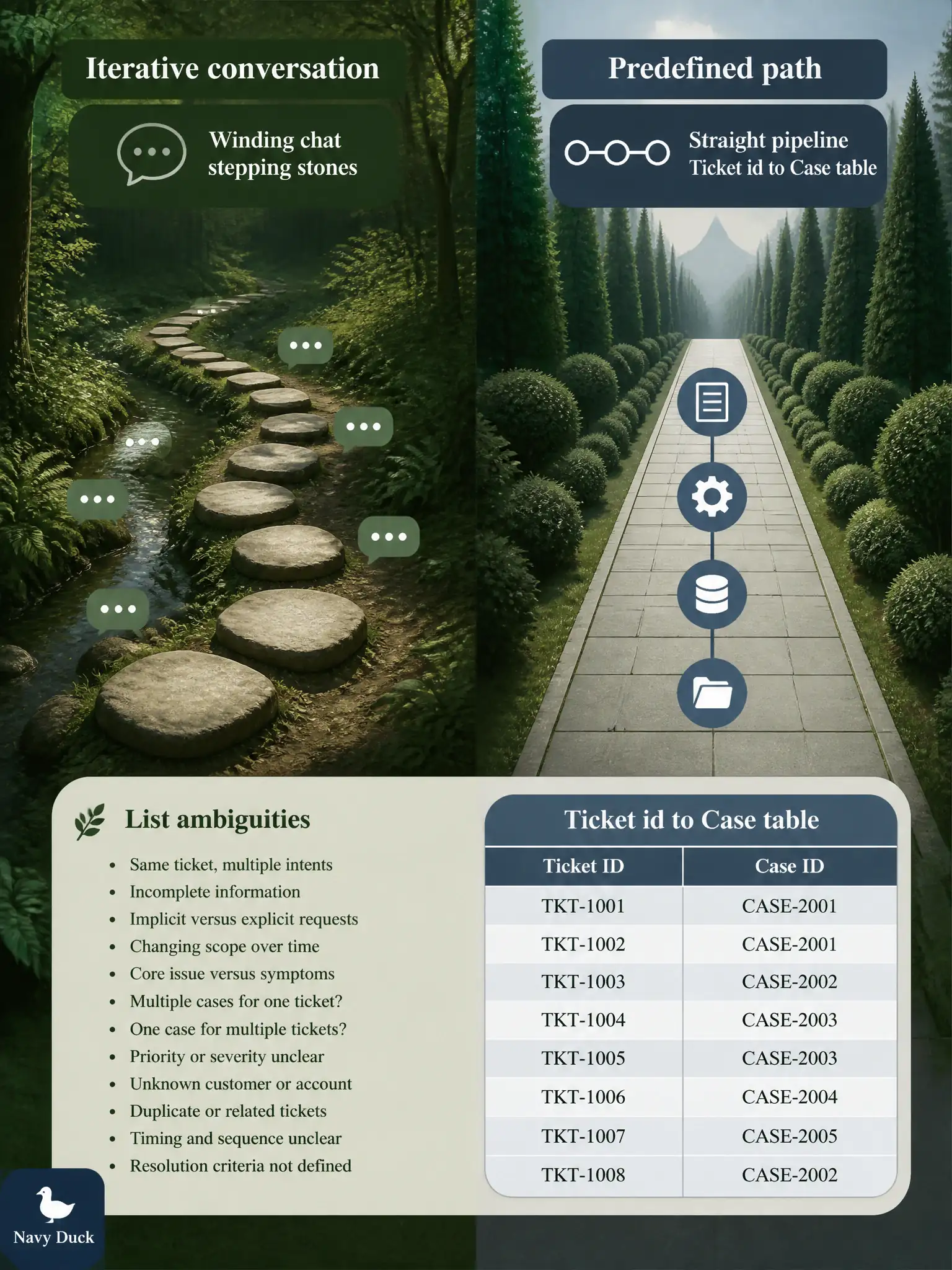 To Create an exciting colorful infographic that explains the concepts in the question: Question: A tree-trimming tester walks a chatbot through “list ambiguities, then draft cases” in one sitting, while a colleague’s tool always emits a case table from a ticket id. What contrast does this highlight? Correct Answer: Iterative conversational refinement (including chaining steps in chat) versus a predefined automated tool path. Put EVERY visible label in double quotes. No people. No A/B/C/D letters. In one of the four corners put a little "Navy Duck".