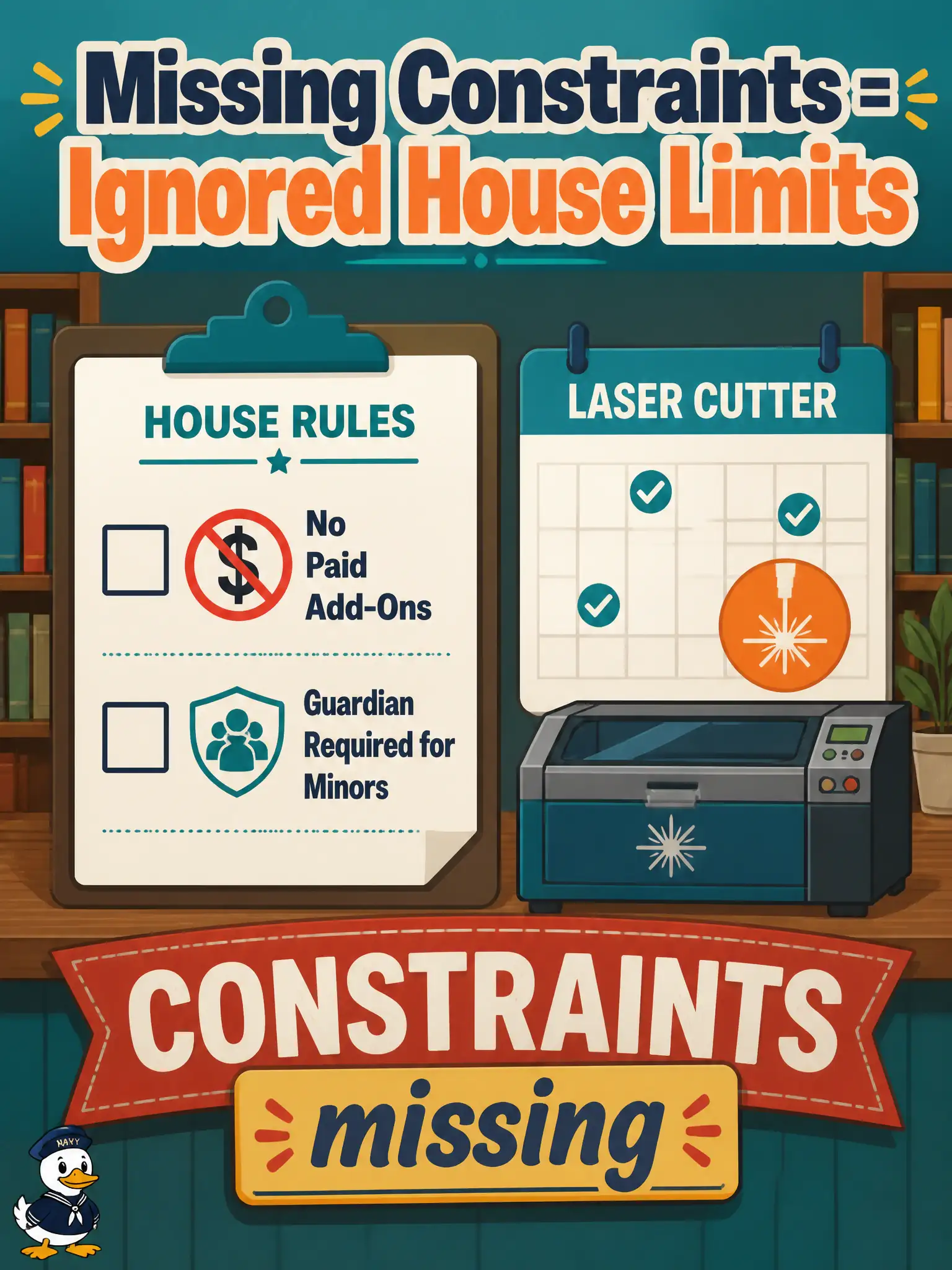 To Create an exciting colorful infographic that explains the concepts in the question: Question: A library makerspace-booking prompt asks for cases on laser-cutter slot rules but never states “do not invent paid add-ons; minors need a guardian field.” Which missing component most likely caused house limits to be ignored? Correct Answer: Constraints — restrictions the model should adhere to were never stated Put EVERY visible label in double quotes. No people. No A/B/C/D letters. In one of the four corners put a little "Navy Duck".
