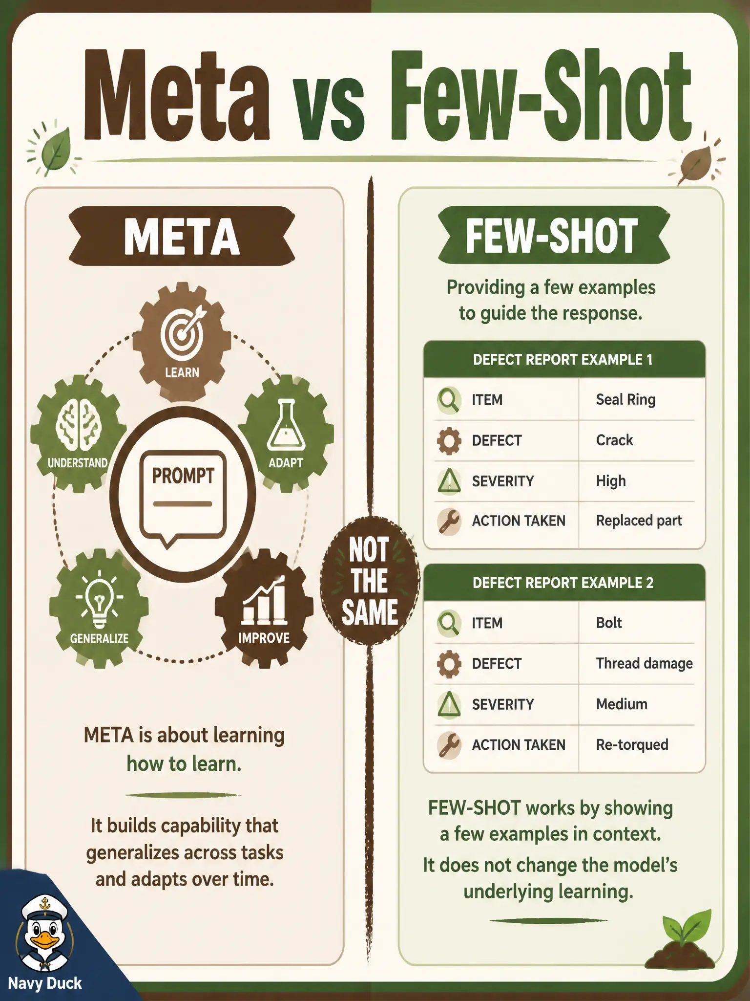 To Create an exciting colorful infographic that explains the concepts in the question: Question: A compost-drop weekend tester asks the model to propose a better prompt. Another tester adds two sample defect-report rows to the ask. How do these techniques differ? Correct Answer: Asking the model to propose a better prompt is meta prompting; adding two sample defect-report rows is few-shot Put EVERY visible label in double quotes. No people. No A/B/C/D letters. In one of the four corners put a little "Navy Duck".