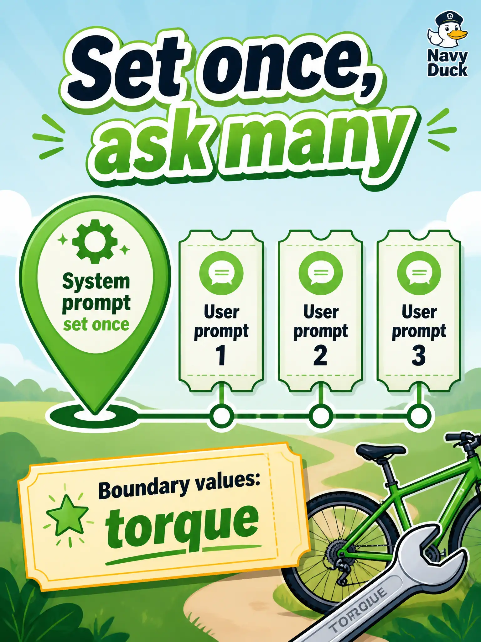 To Create an exciting colorful infographic that explains the concepts in the question: Question: A city-bike repair-stand team wants every GenAI session to stay concise and avoid invented part numbers, and they also need one ask that lists boundary values for the torque field. How should those instructions be assigned? Correct Answer: Set the standing concise/no-invented-parts rules in the system prompt once, then send the boundary-value ask as a user prompt. Put EVERY visible label in double quotes. No people. No A/B/C/D letters. In one of the four corners put a little "Navy Duck".
