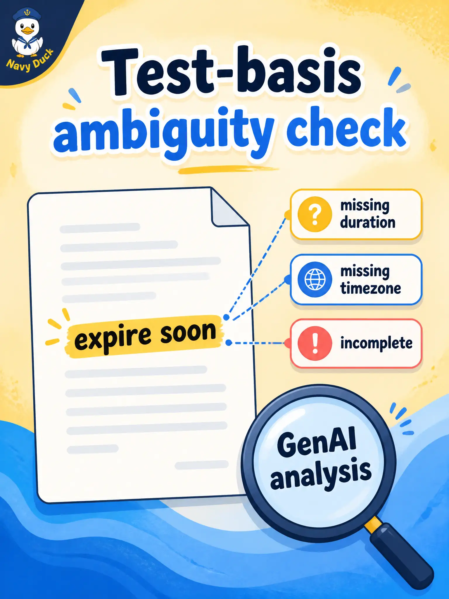 To Create an exciting colorful infographic that explains the concepts in the question: Question: A public-wifi guest-voucher story says vouchers “expire soon” with no clock, duration, or timezone. Which GenAI analysis ask should the tester choose next? Correct Answer: A prompt that identifies inconsistencies, ambiguities, or incomplete information in the test basis. Put EVERY visible label in double quotes. No people. No A/B/C/D letters. In one of the four corners put a little "Navy Duck".