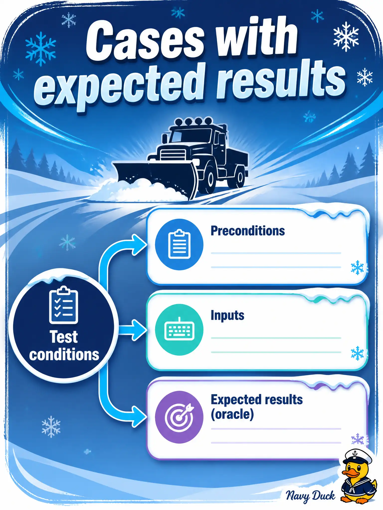 To Create an exciting colorful infographic that explains the concepts in the question: Question: A municipal snow-plow story already has test conditions. Which GenAI design ask should the tester choose? Correct Answer: Ask for cases with preconditions, inputs, and expected results that can serve as oracles. Put EVERY visible label in double quotes. No people. No A/B/C/D letters. In one of the four corners put a little "Navy Duck".