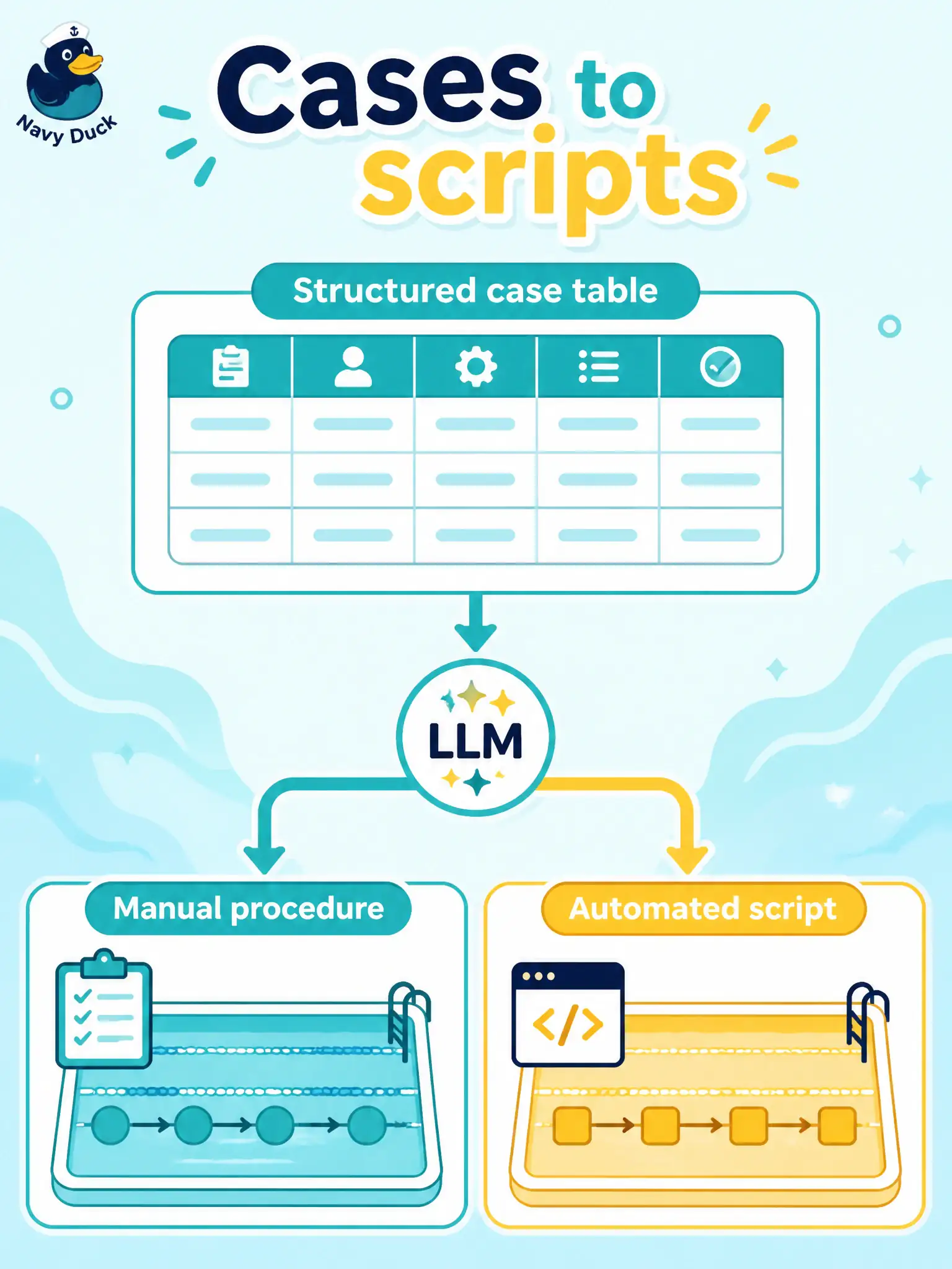 To Create an exciting colorful infographic that explains the concepts in the question: Question: A public-pool lane-booking team has a reviewed case table and needs keyword or framework steps next. Which GenAI ask fits? Correct Answer: Ask to translate the structured cases into manual procedures or automated scripts. Put EVERY visible label in double quotes. No people. No A/B/C/D letters. In one of the four corners put a little "Navy Duck".
