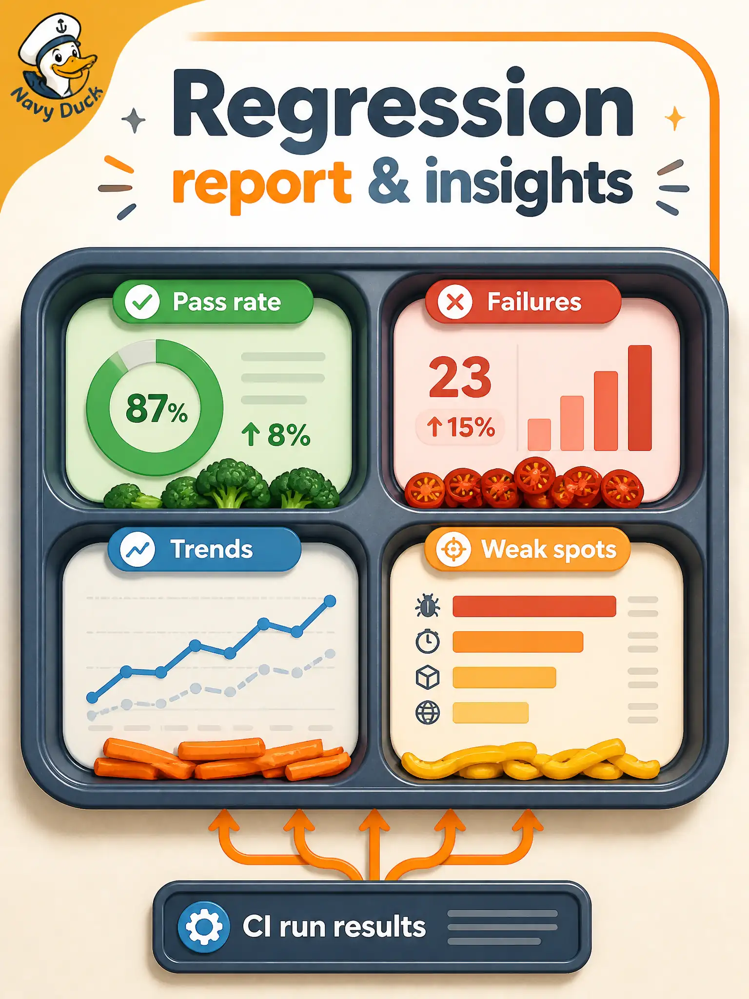 To Create an exciting colorful infographic that explains the concepts in the question: Question: A senior-center meal-route nightly suite just finished in CI. Which GenAI regression ask is most appropriate next? Correct Answer: Ask to draft a timely test report with success metrics, failures, trends, and predicted weak spots. Put EVERY visible label in double quotes. No people. No A/B/C/D letters. In one of the four corners put a little "Navy Duck".