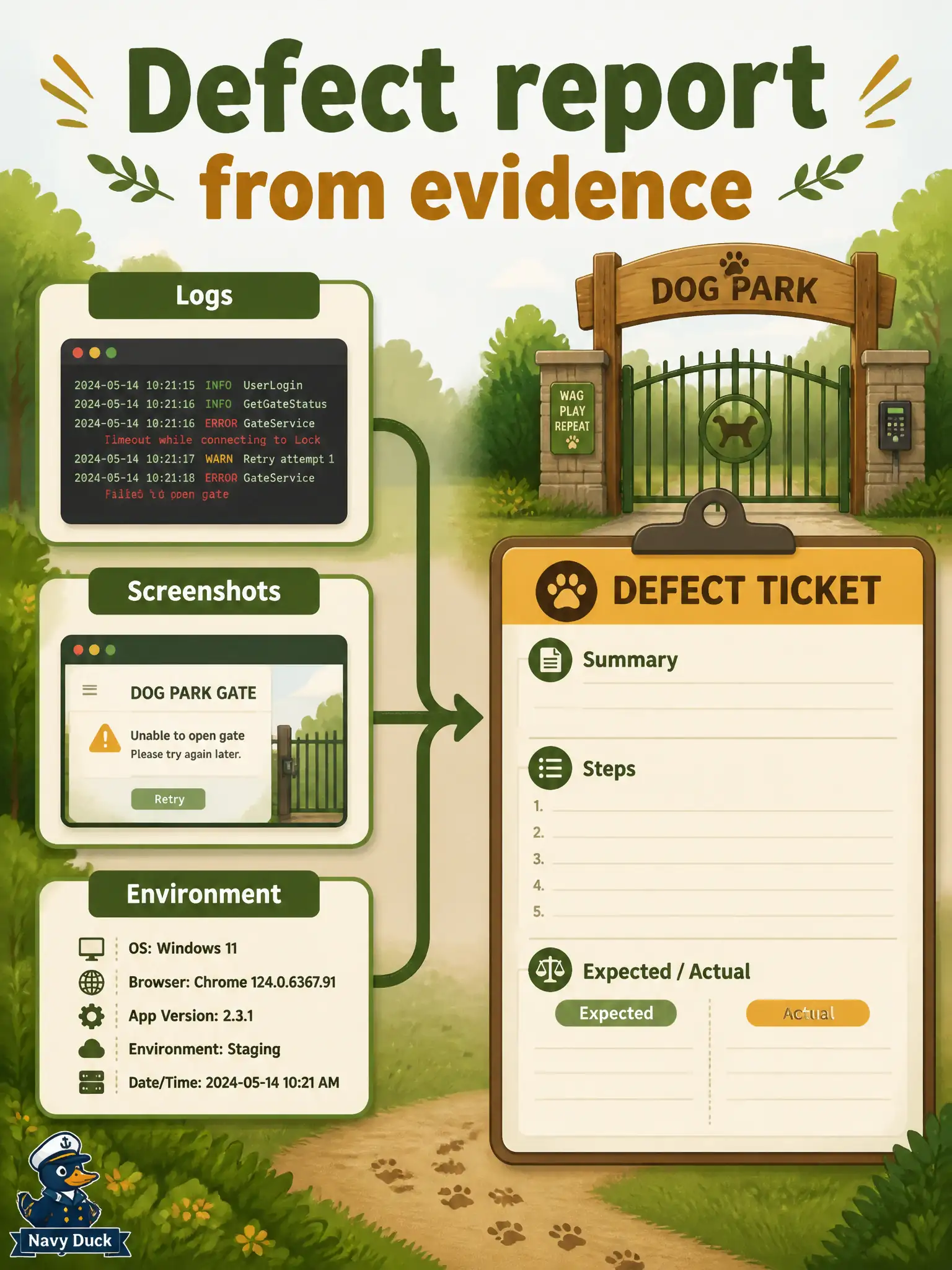 To Create an exciting colorful infographic that explains the concepts in the question: Question: A dog-park day-pass run failed on the late-renewal path. Which GenAI ask best supports enhanced defect reporting? Correct Answer: Ask to compile a defect report from test logs, screenshots, and environment data for tester review. Put EVERY visible label in double quotes. No people. No A/B/C/D letters. In one of the four corners put a little "Navy Duck".