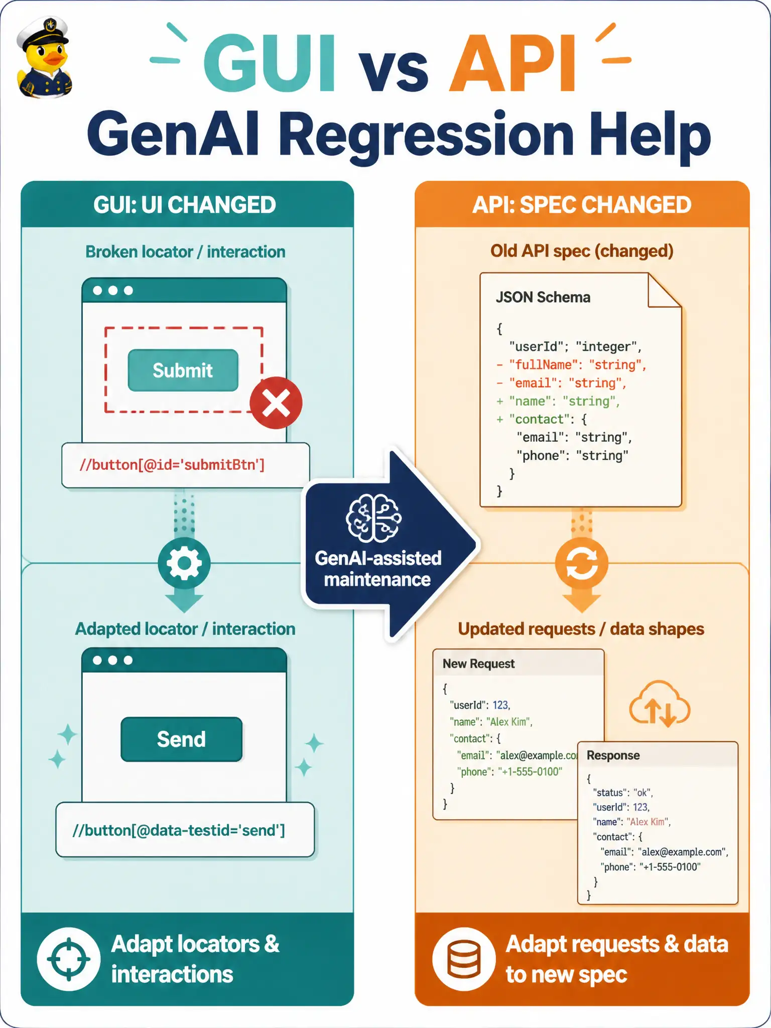 To Create an exciting colorful infographic that explains the concepts in the question: Question: A wastewater lab sample-log team maintains two automated suites: one GUI suite that fails when page locators shift after a redesign, and one API suite that fails when the JSON response schema changes. Which GenAI-assisted regression approach best matches each suite? Correct Answer: Prompt GenAI to adapt locators and interactions for the GUI suite, and to adapt requests and test data to the new specification for the API suite. Put EVERY visible label in double quotes. No people. No A/B/C/D letters. In one of the four corners put a little "Navy Duck".