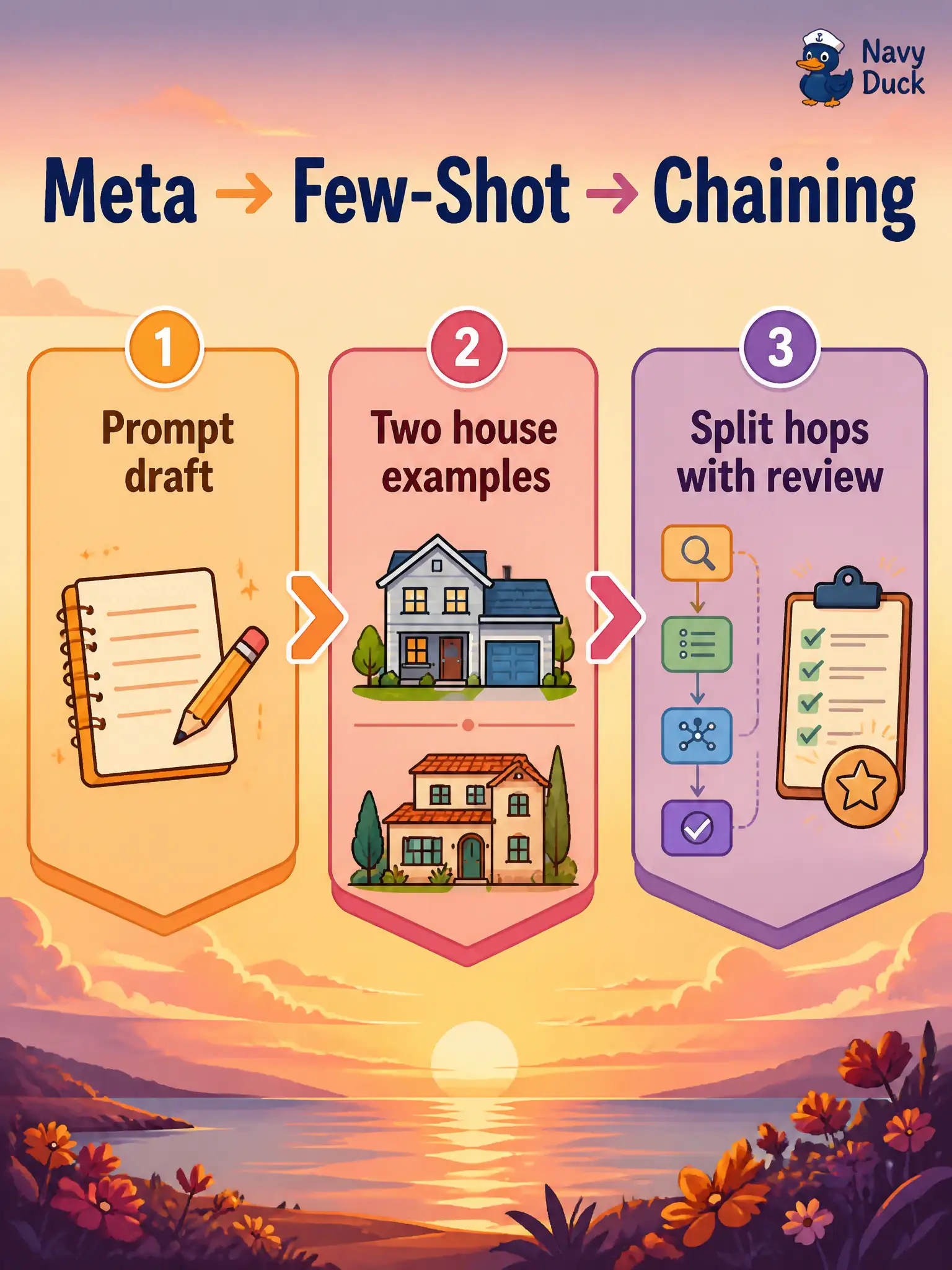 To Create an exciting colorful infographic that explains the concepts in the question: Question: A public-wifi guest-voucher tester lets the model propose a prompt, adds two house examples to lock the pattern, then splits extract-rules / draft-cases / check-coverage with a review between hops. Which approach does this illustrate? Correct Answer: A combined sequence of meta prompting, then few-shot, then chaining. Put EVERY visible label in double quotes. No people. No A/B/C/D letters. In one of the four corners put a little "Navy Duck".