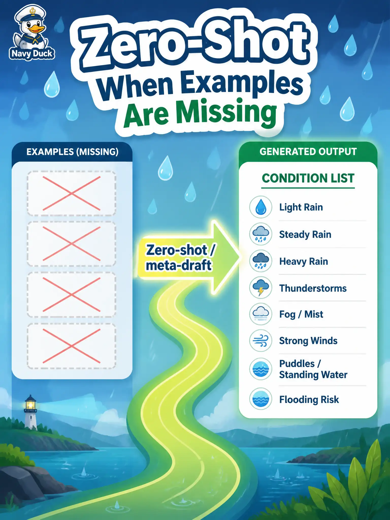 To Create an exciting colorful infographic that explains the concepts in the question: Question: A watershed rain-gauge team has no accepted sample of a flood-alert condition list and does not want to invent fake examples that would mis-train the format. Which technique should they select? Correct Answer: Zero-shot prompting (or meta prompting to draft a prompt) that relies on the model’s existing knowledge instead of untrustworthy examples. Put EVERY visible label in double quotes. No people. No A/B/C/D letters. In one of the four corners put a little "Navy Duck".