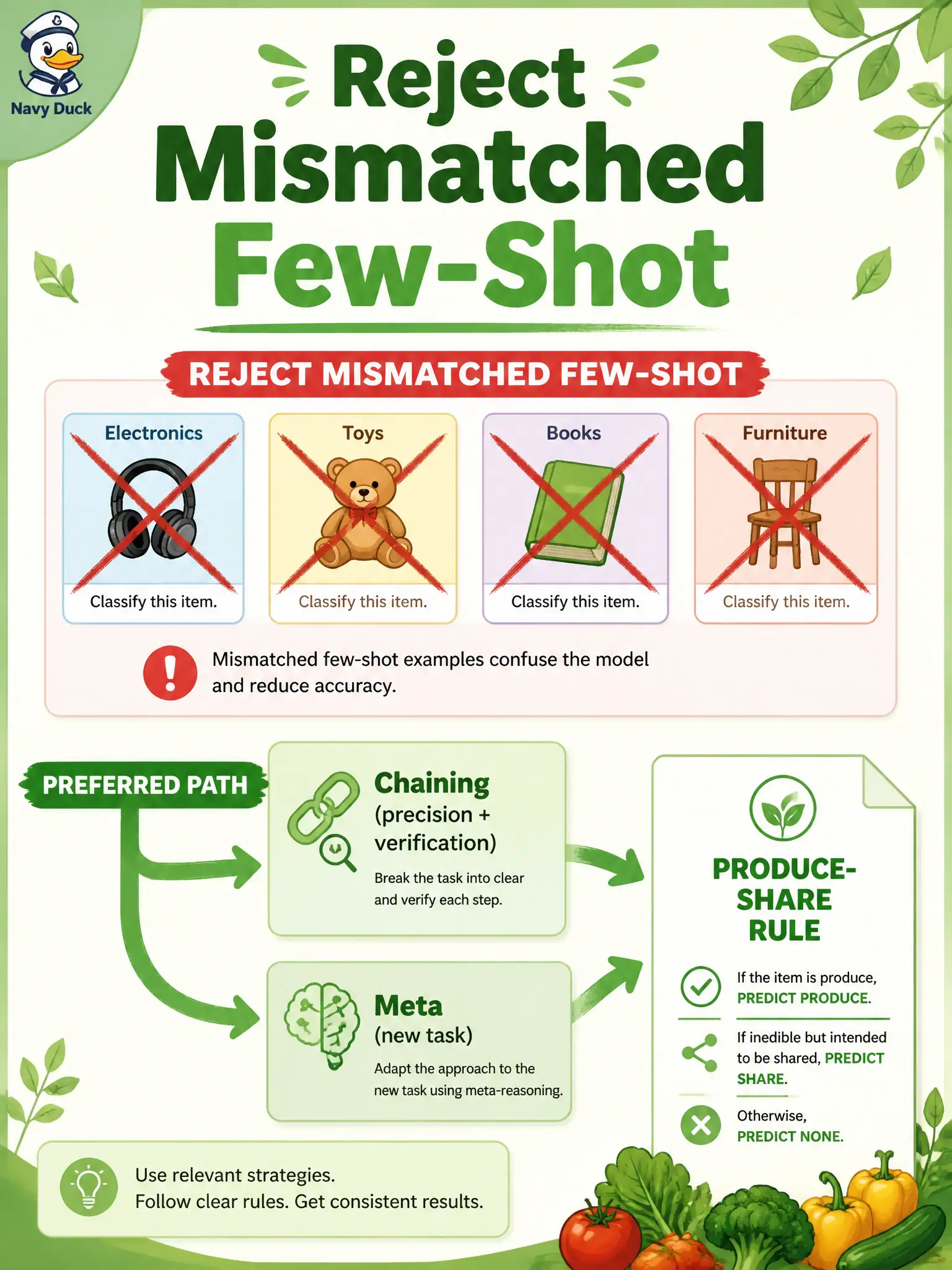 To Create an exciting colorful infographic that explains the concepts in the question: Question: A food-coop membership tester uses few-shot prompts filled with grocery-website examples to perform a first-time, multi-step coverage analysis of a produce-share rule. What is the best assessment of that choice? Correct Answer: Few-shot is a poor primary fit here; prefer chaining for precision with verification and/or meta prompting because the task is new. Put EVERY visible label in double quotes. No people. No A/B/C/D letters. In one of the four corners put a little "Navy Duck".