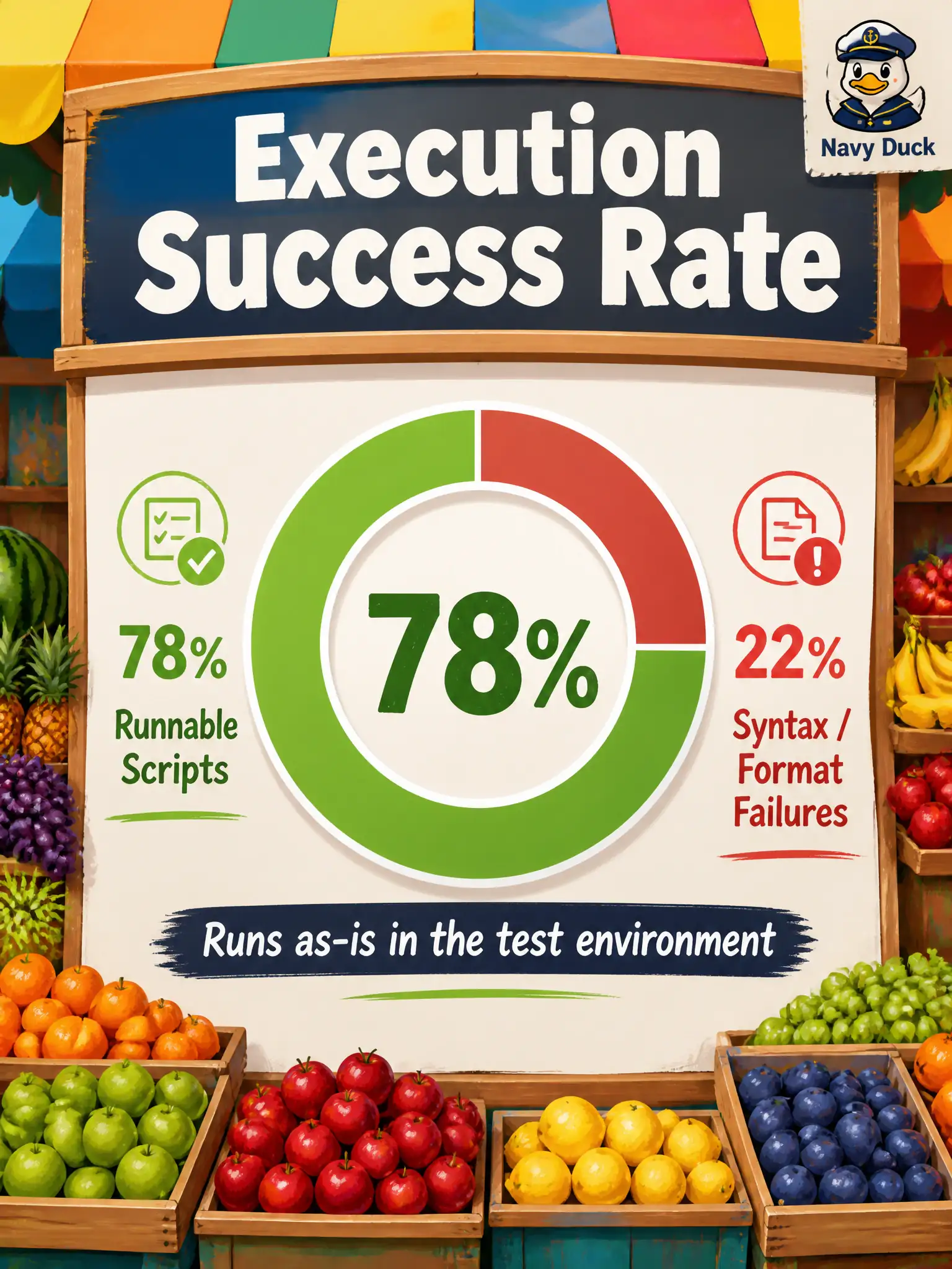 To Create an exciting colorful infographic that explains the concepts in the question: Question: A farmers-market stall-lottery script pack looks neat in review, yet half the scripts fail to start because of syntax or output-format errors. Which metric names this problem? Correct Answer: Execution success rate as the proportion of generated test artefacts that can be executed successfully as-is. Put EVERY visible label in double quotes. No people. No A/B/C/D letters. In one of the four corners put a little "Navy Duck".
