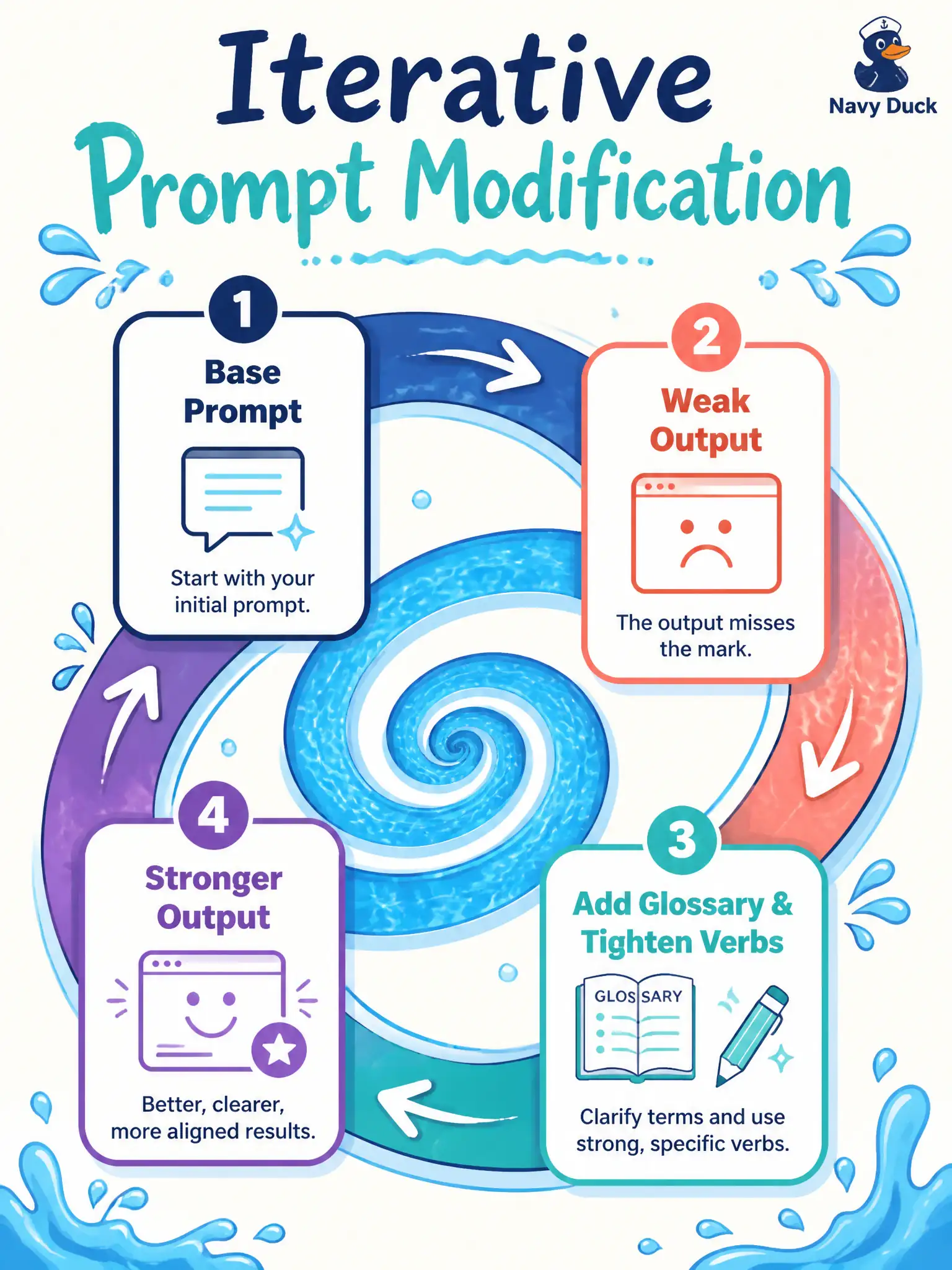 To Create an exciting colorful infographic that explains the concepts in the question: Question: A public-pool lane-booking tester starts with a thin prompt, gets a weak case pack, then adds the member/guest glossary and tightens the verbs before regenerating. Which refinement practice is this? Correct Answer: Iterative prompt modification based on actual results—adding context, terminology, and specificity. Put EVERY visible label in double quotes. No people. No A/B/C/D letters. In one of the four corners put a little "Navy Duck".