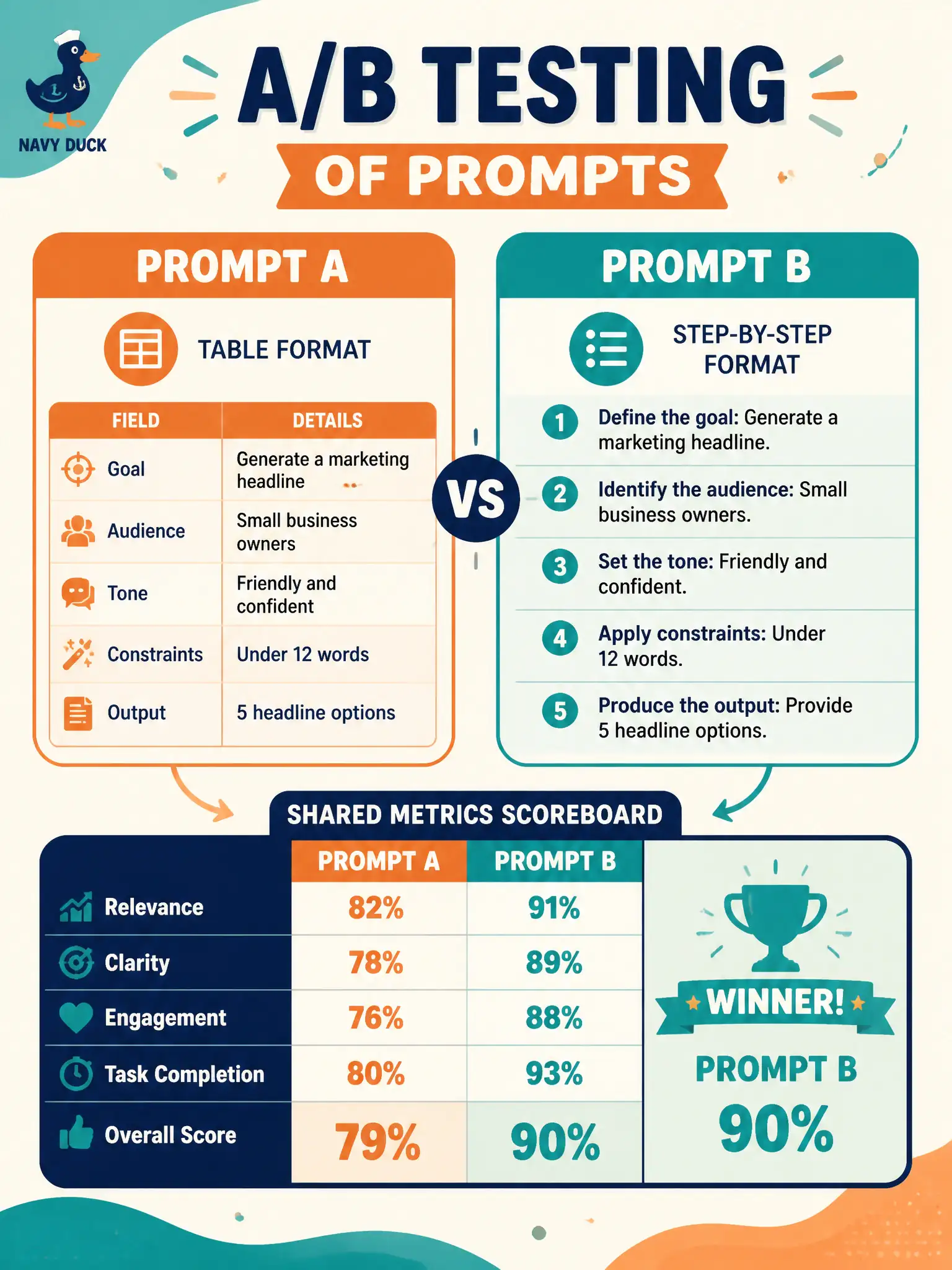 To Create an exciting colorful infographic that explains the concepts in the question: Question: An animal-shelter adoption pair writes two prompt versions—one asking for a table, one for numbered steps—and scores both on the same predefined metrics. Which practice are they using? Correct Answer: A/B testing of prompts by comparing versions against predefined metrics. Put EVERY visible label in double quotes. No people. No A/B/C/D letters. In one of the four corners put a little "Navy Duck".