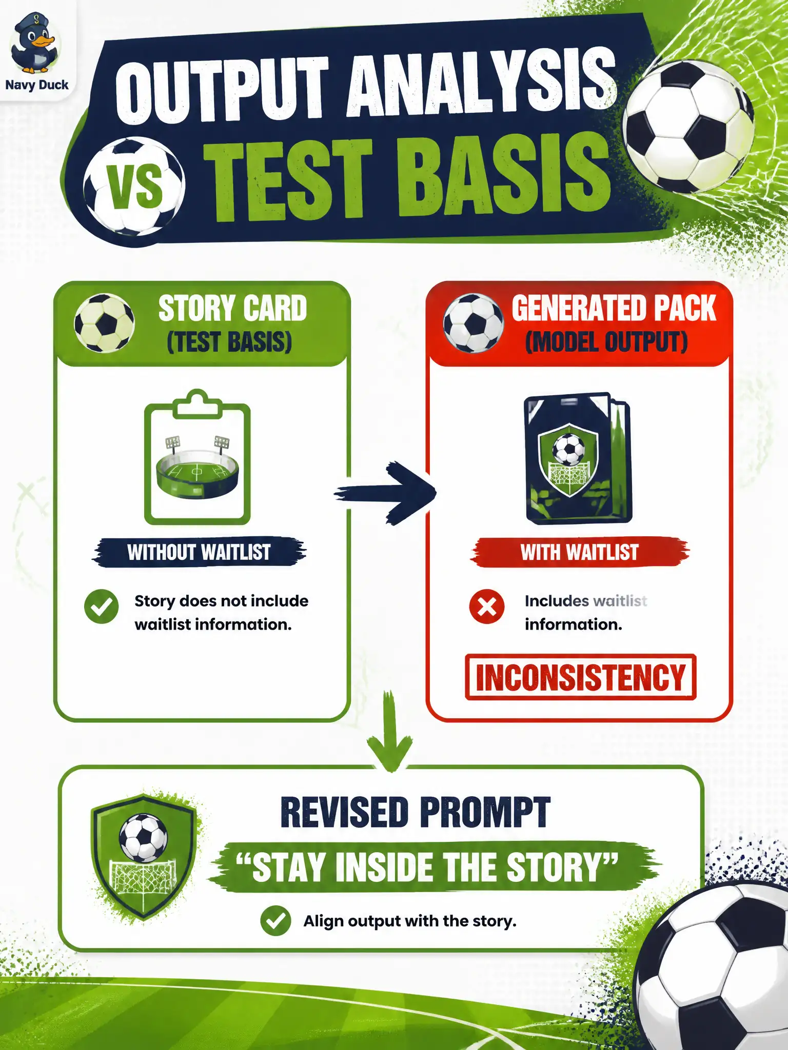 To Create an exciting colorful infographic that explains the concepts in the question: Question: A youth-soccer registration pack invents a waitlist the user story never granted. The tester catalogs that miss and rewrites the prompt to stay inside the story. Which refinement practice is illustrated? Correct Answer: Output analysis against the test basis to find inaccuracies and refine the next prompt. Put EVERY visible label in double quotes. No people. No A/B/C/D letters. In one of the four corners put a little "Navy Duck".