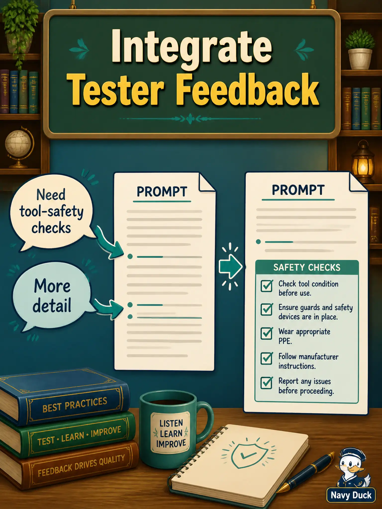 To Create an exciting colorful infographic that explains the concepts in the question: Question: Library makerspace testers say generated procedures skip tool-safety checks they always perform, so the prompt is updated to require that detail level. Which refinement practice is this? Correct Answer: Integrating tester feedback on usefulness and clarity—such as required detail level—into the prompt. Put EVERY visible label in double quotes. No people. No A/B/C/D letters. In one of the four corners put a little "Navy Duck".