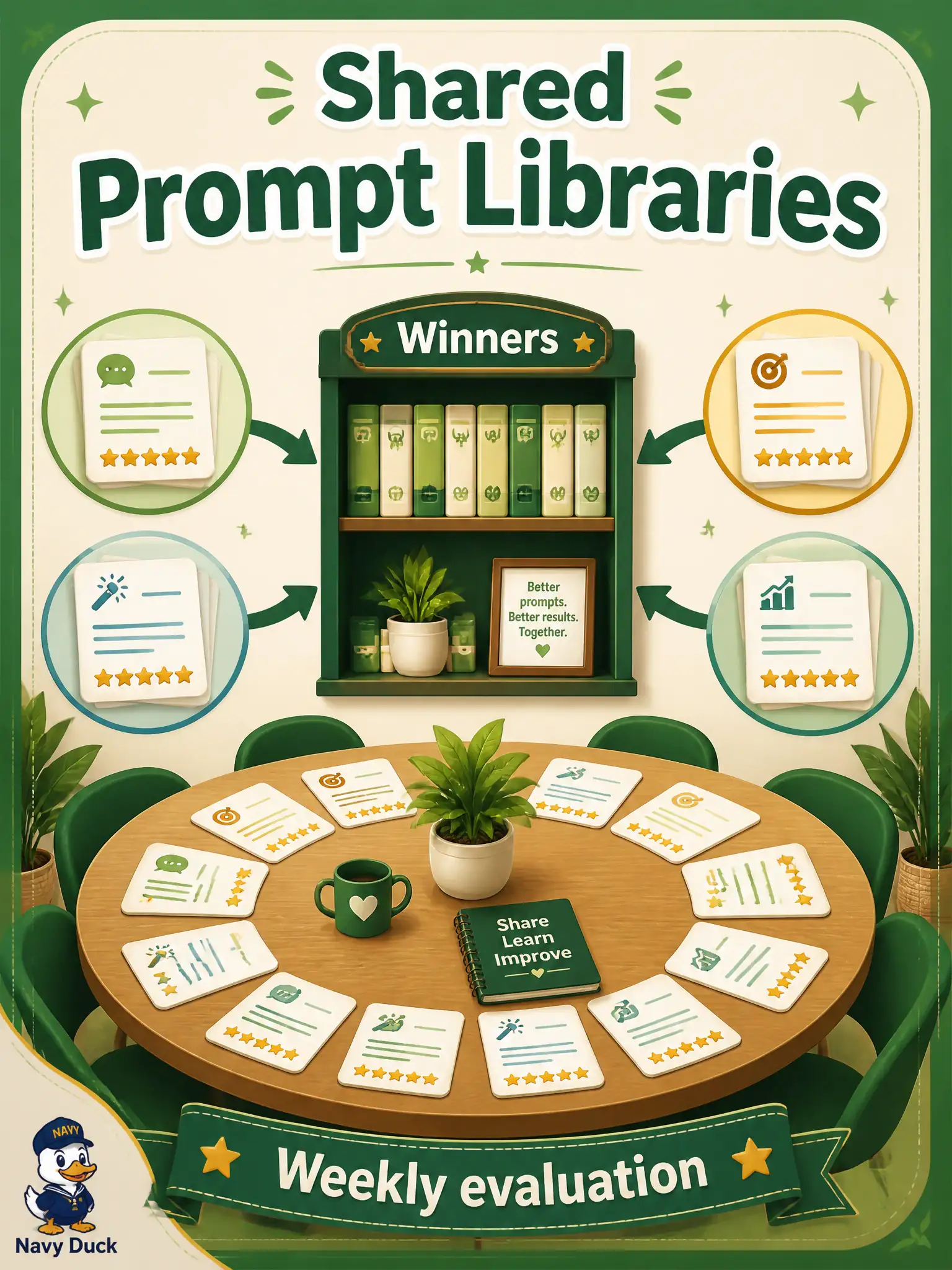 To Create an exciting colorful infographic that explains the concepts in the question: Question: A food-coop membership squad holds a weekly prompt-evaluation hour and stores winning prompts in a shared library so the next tester avoids last month’s misses. Which practice is this? Correct Answer: Sharing practices and prompt libraries through team evaluation sessions. Put EVERY visible label in double quotes. No people. No A/B/C/D letters. In one of the four corners put a little "Navy Duck".