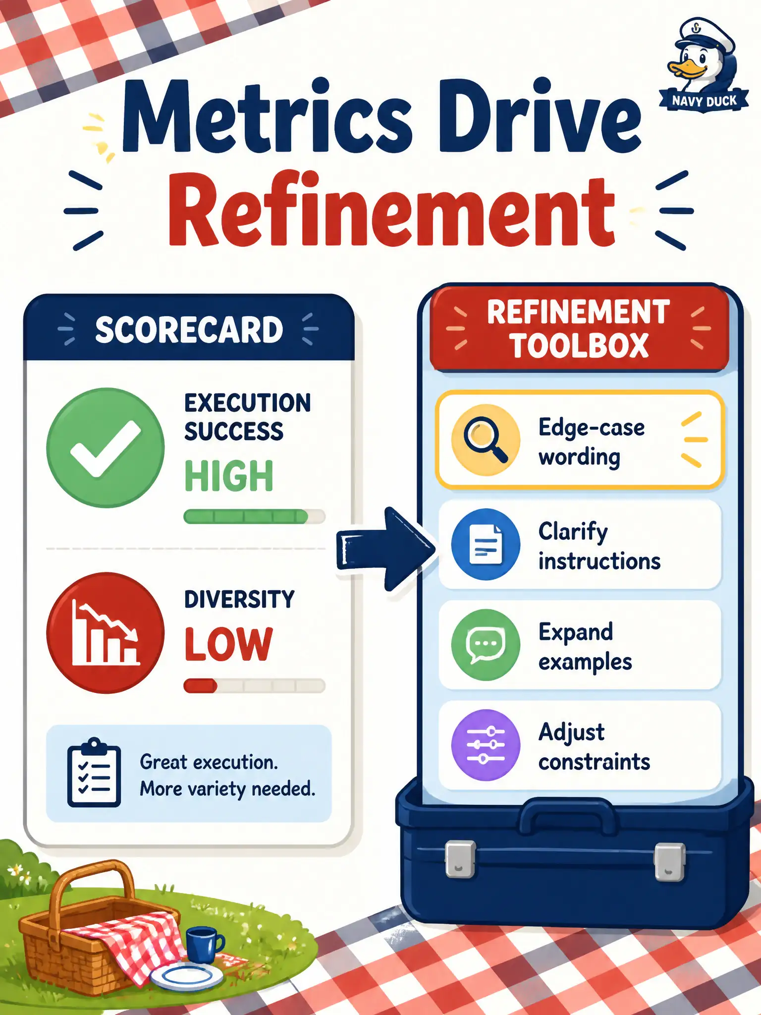 To Create an exciting colorful infographic that explains the concepts in the question: Question: A city-park picnic-permit pack scores well on execution success rate but poorly on diversity. What should the tester’s next refinement prioritize? Correct Answer: Targeting edge-case wording and related refinement techniques because the weak named metric is diversity. Put EVERY visible label in double quotes. No people. No A/B/C/D letters. In one of the four corners put a little "Navy Duck".