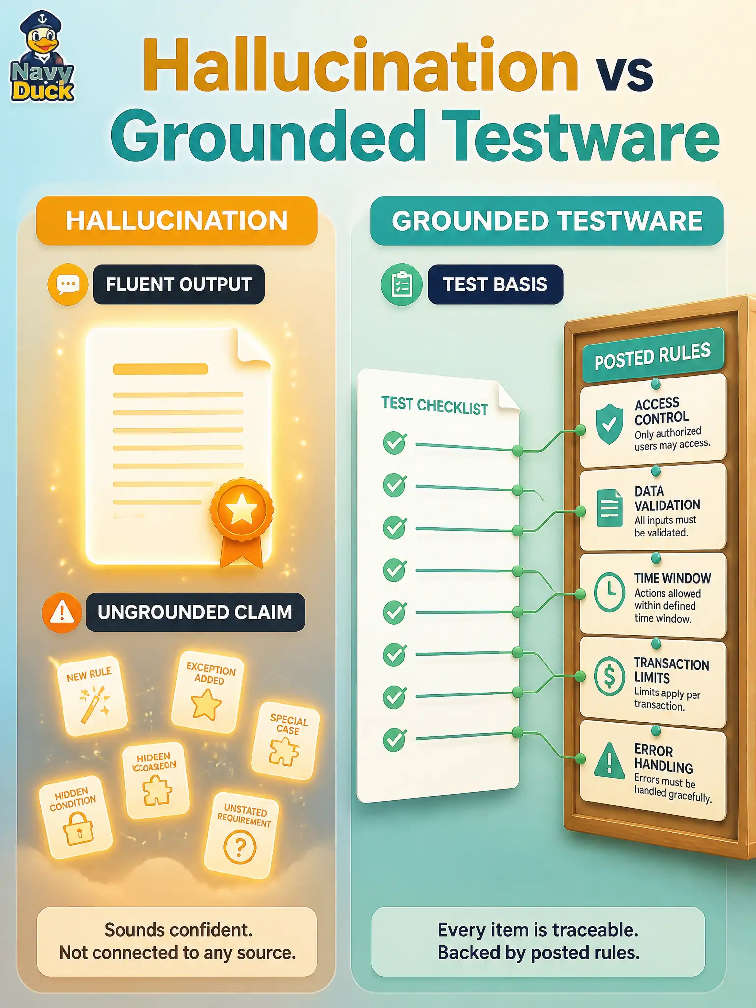 To Create an exciting colorful infographic that explains the concepts in the question: Question: A recycling-center scale-house tester asks an LLM for cases covering posted surcharge rules. The reply confidently includes a full pack for a “hazardous-oil surcharge” that never appears in the posted rules. Which GenAI defect does this best illustrate? Correct Answer: A hallucination that produces fluent but ungrounded testware Put EVERY visible label in double quotes. No people. No A/B/C/D letters. In one of the four corners put a little "Navy Duck".
