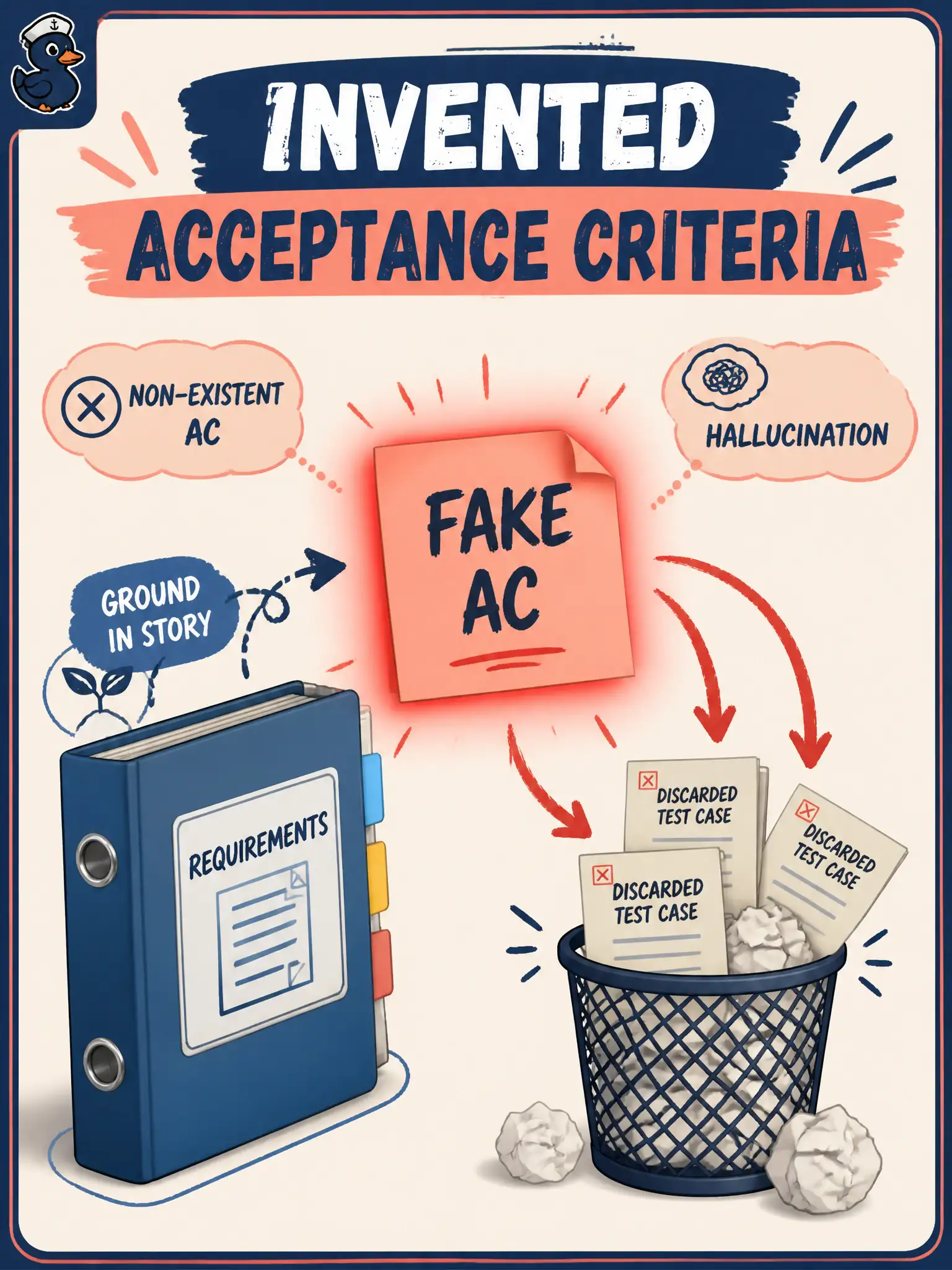 To Create an exciting colorful infographic that explains the concepts in the question: Question: A municipal water-meter portal draft from an LLM lists an acceptance criterion that “a renter may reset a landlord’s leak alert.” That rule is nowhere in the user story. Which defect is this? Correct Answer: A hallucination that suggests tests for non-existent acceptance criteria Put EVERY visible label in double quotes. No people. No A/B/C/D letters. In one of the four corners put a little "Navy Duck".