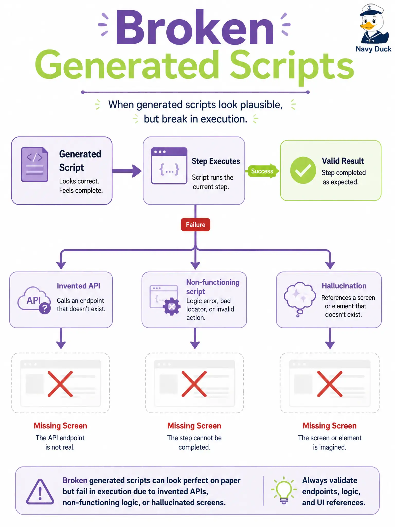 To Create an exciting colorful infographic that explains the concepts in the question: Question: A county poll-book checkout script from an LLM looks tidy but calls screens and APIs the election app does not expose, so it will not run. Which GenAI defect does this represent? Correct Answer: A hallucination that generates incorrect or non-functioning test scripts Put EVERY visible label in double quotes. No people. No A/B/C/D letters. In one of the four corners put a little "Navy Duck".