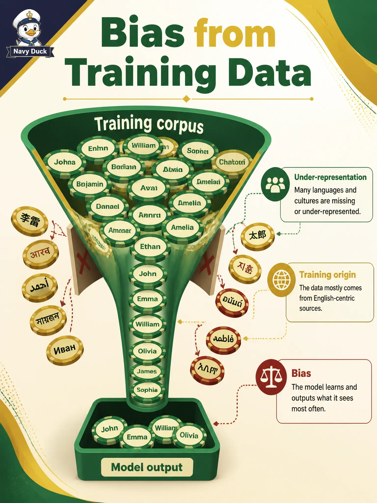 To Create an exciting colorful infographic that explains the concepts in the question: Question: A public-beach locker kiosk prompt asks an LLM for guest names for test data. The reply returns only English-language given names even though the city serves several language communities. Which defect does this illustrate? Correct Answer: Bias originating in the data the model was trained on Put EVERY visible label in double quotes. No people. No A/B/C/D letters. In one of the four corners put a little "Navy Duck".