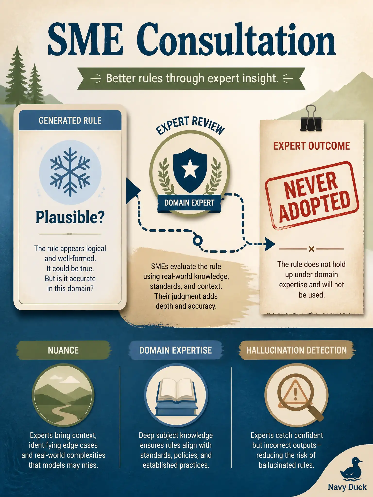 To Create an exciting colorful infographic that explains the concepts in the question: Question: A municipal compost-pickup pack invents a “holiday skip if snow exceeds two inches” rule that looks plausible to a new tester. The solid-waste supervisor says that rule was never adopted. Which detection method does this exemplify? Correct Answer: Domain-expertise consultation to catch a nuanced hallucination Put EVERY visible label in double quotes. No people. No A/B/C/D letters. In one of the four corners put a little "Navy Duck".