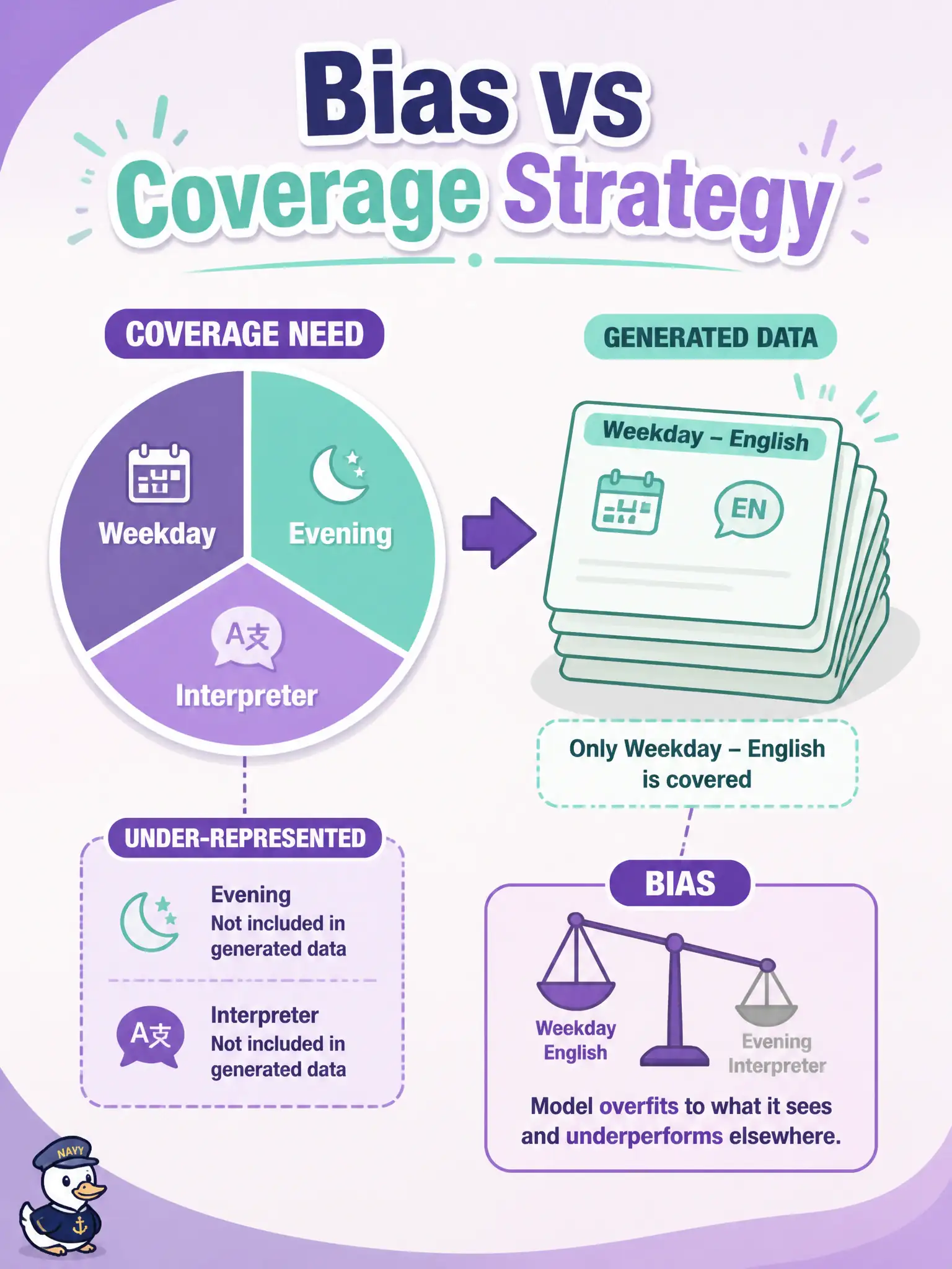 To Create an exciting colorful infographic that explains the concepts in the question: Question: A municipal court-scheduling strategy requires weekday, evening, and interpreter-assisted bookings, but the LLM’s synthetic data is weekday-English only. How should the tester identify this problem? Correct Answer: As bias by reviewing whether synthetic data fairly represents the defined coverage strategy Put EVERY visible label in double quotes. No people. No A/B/C/D letters. In one of the four corners put a little "Navy Duck".