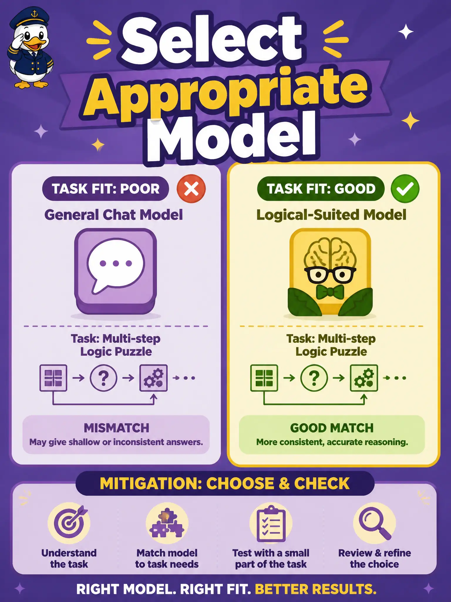 To Create an exciting colorful infographic that explains the concepts in the question: Question: A municipal wedding-license desk uses a general chat model for a multi-step waiting-period calculation and keeps getting the order wrong. Switching to a model suited to that logical task is proposed. Which Chapter 3 mitigation is this? Correct Answer: Selecting the appropriate GenAI model for the task Put EVERY visible label in double quotes. No people. No A/B/C/D letters. In one of the four corners put a little "Navy Duck".