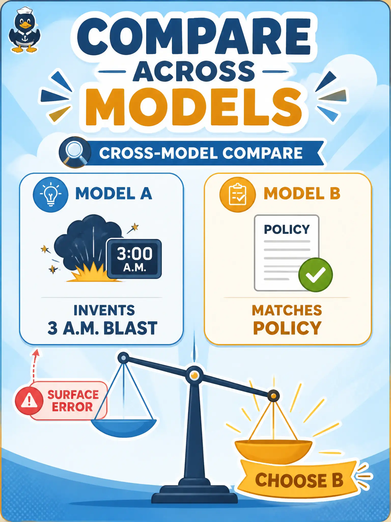 To Create an exciting colorful infographic that explains the concepts in the question: Question: A county flood-alert pack from one model invents a “text all residents at 3 a.m.” acceptance criterion; a second model stays inside the posted policy. The tester compares both replies before promoting any case. Which mitigation is this? Correct Answer: Comparing results across models to surface errors and choose the more reliable pack Put EVERY visible label in double quotes. No people. No A/B/C/D letters. In one of the four corners put a little "Navy Duck".