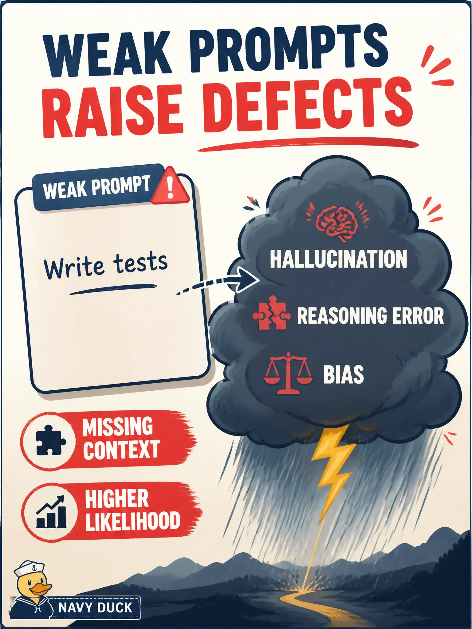 To Create an exciting colorful infographic that explains the concepts in the question: Question: A municipal lost-and-found chatbot is prompted only with “write tests” and no desk rules. The pack invents shelves and reverses claim order. What does this situation illustrate about defect likelihood? Correct Answer: Hallucinations, reasoning errors, and biases are more likely when prompts are poorly designed or relevant context is missing Put EVERY visible label in double quotes. No people. No A/B/C/D letters. In one of the four corners put a little "Navy Duck".